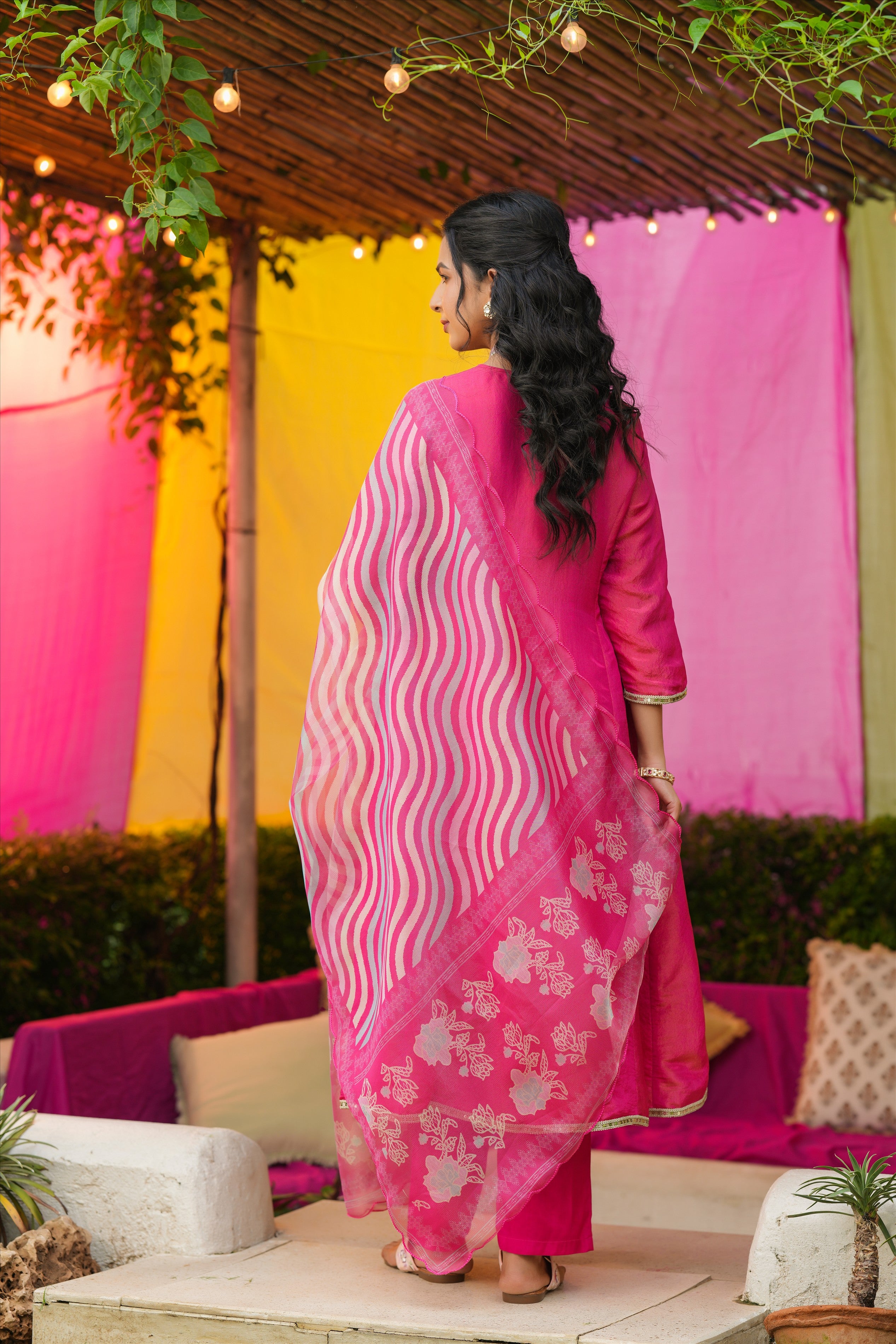 Hot Pink Shimmer Tissue Floral Embroidered Anarkali Suit Set