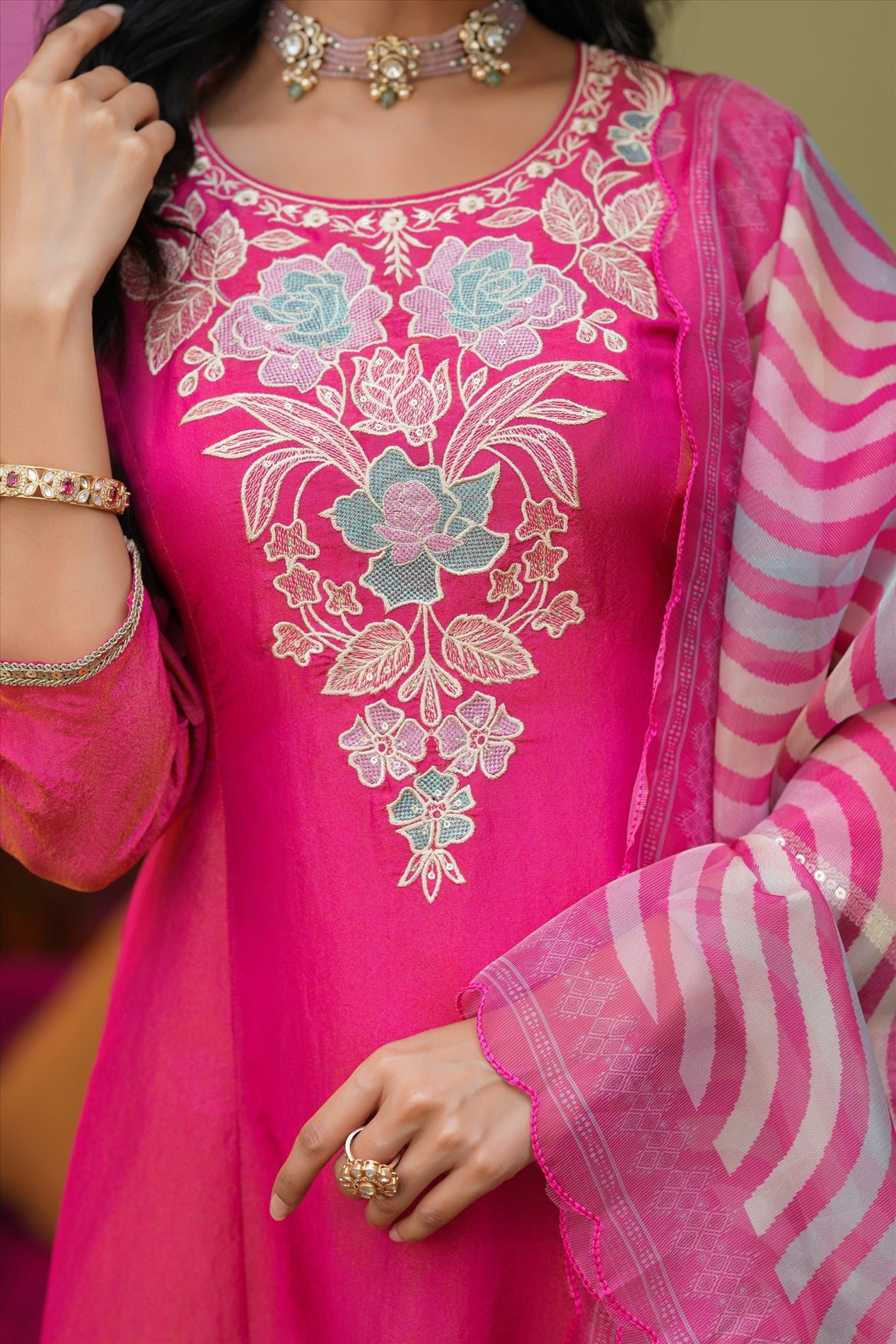 Hot Pink Shimmer Tissue Floral Embroidered Anarkali Suit Set