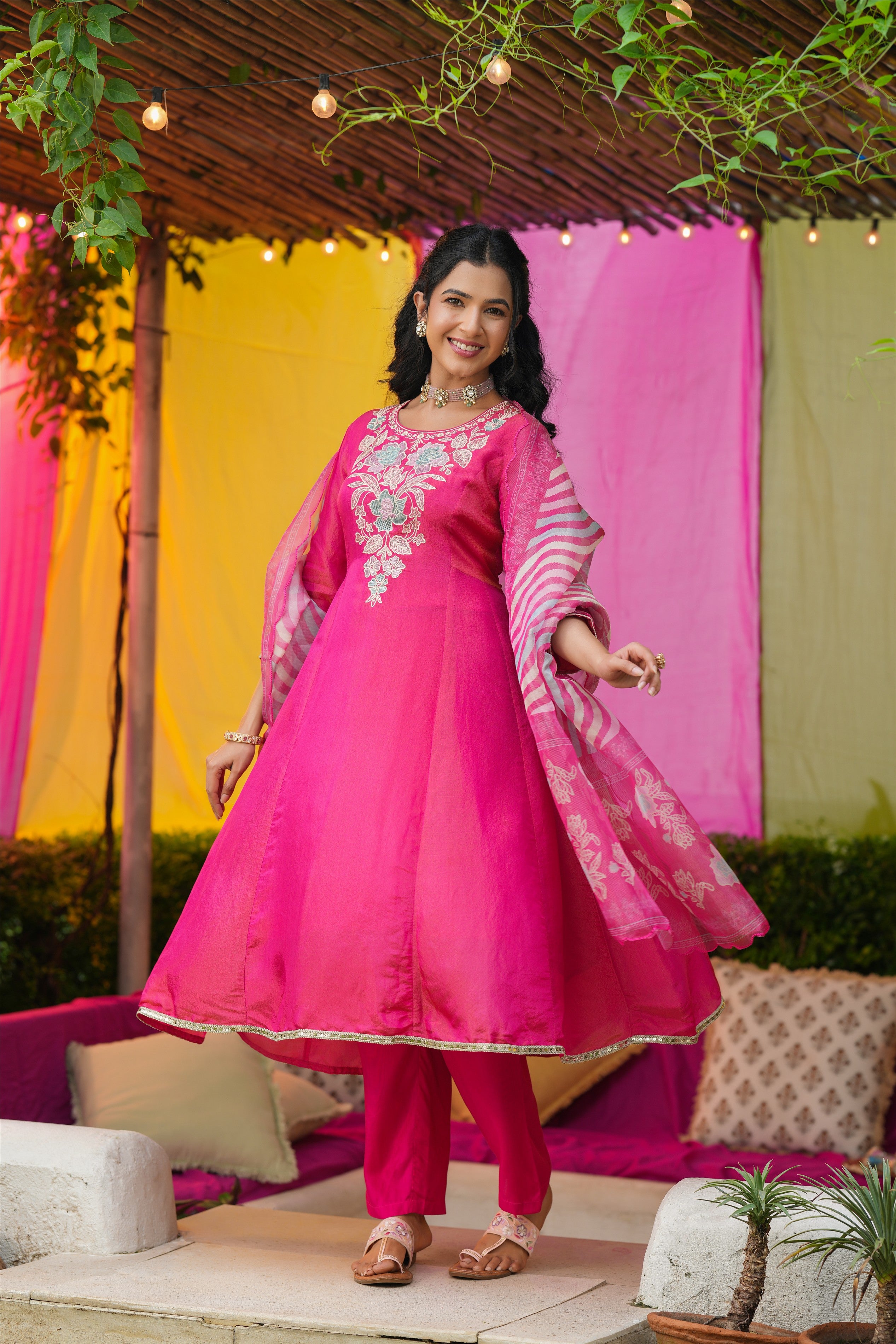 Hot Pink Shimmer Tissue Floral Embroidered Anarkali Suit Set