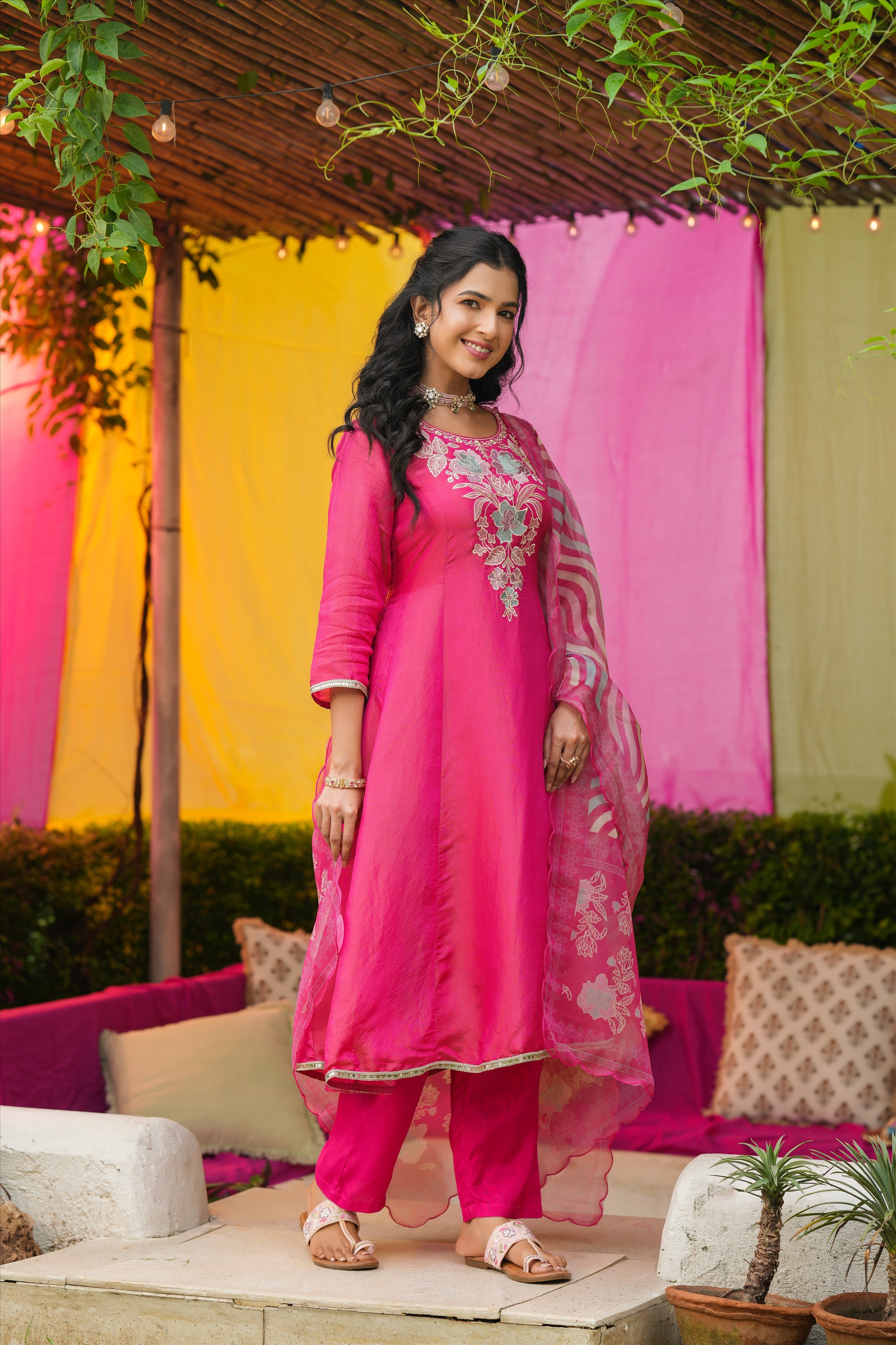 Hot Pink Shimmer Tissue Floral Embroidered Anarkali Suit Set