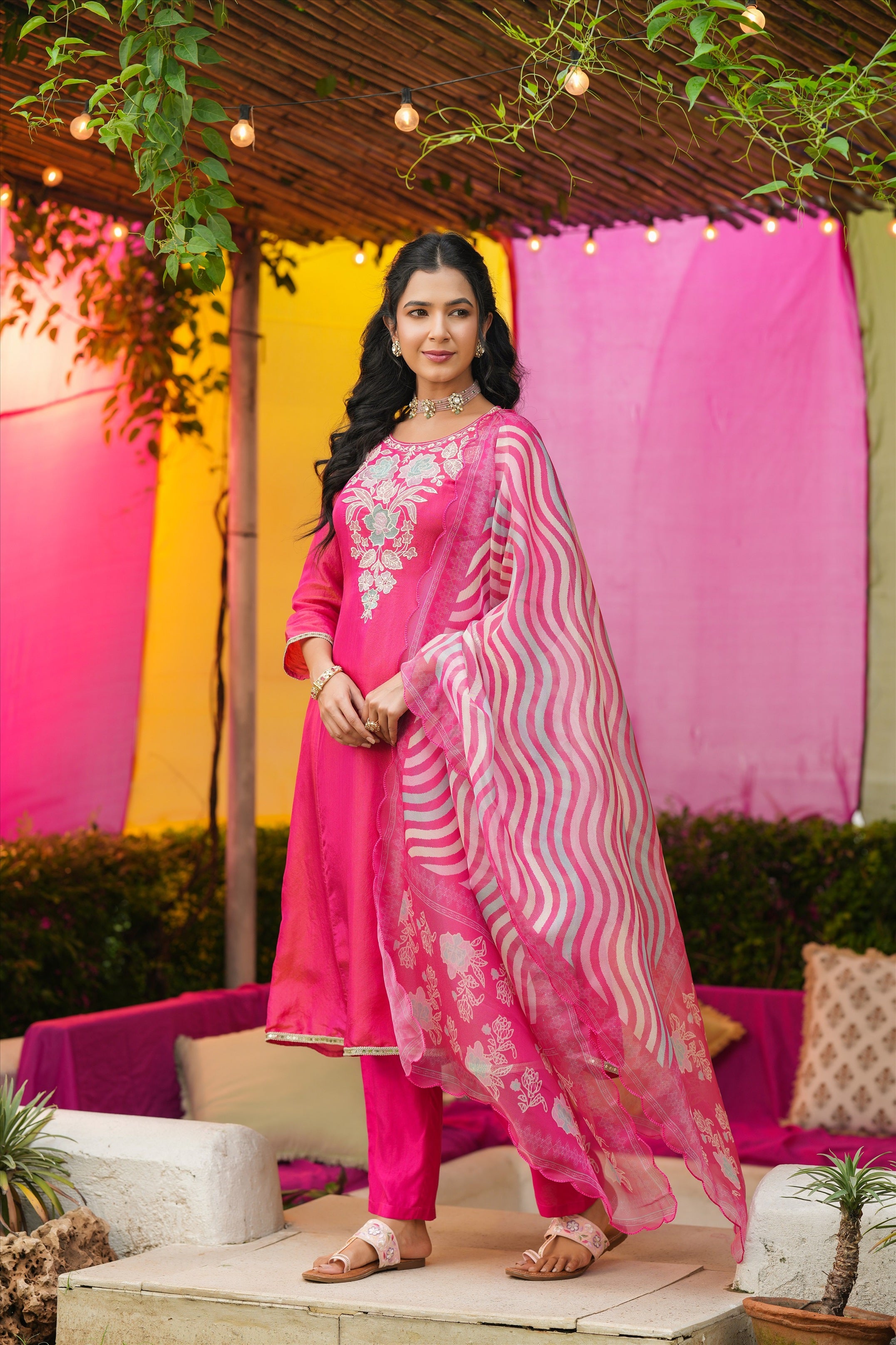 Hot Pink Shimmer Tissue Floral Embroidered Anarkali Suit Set