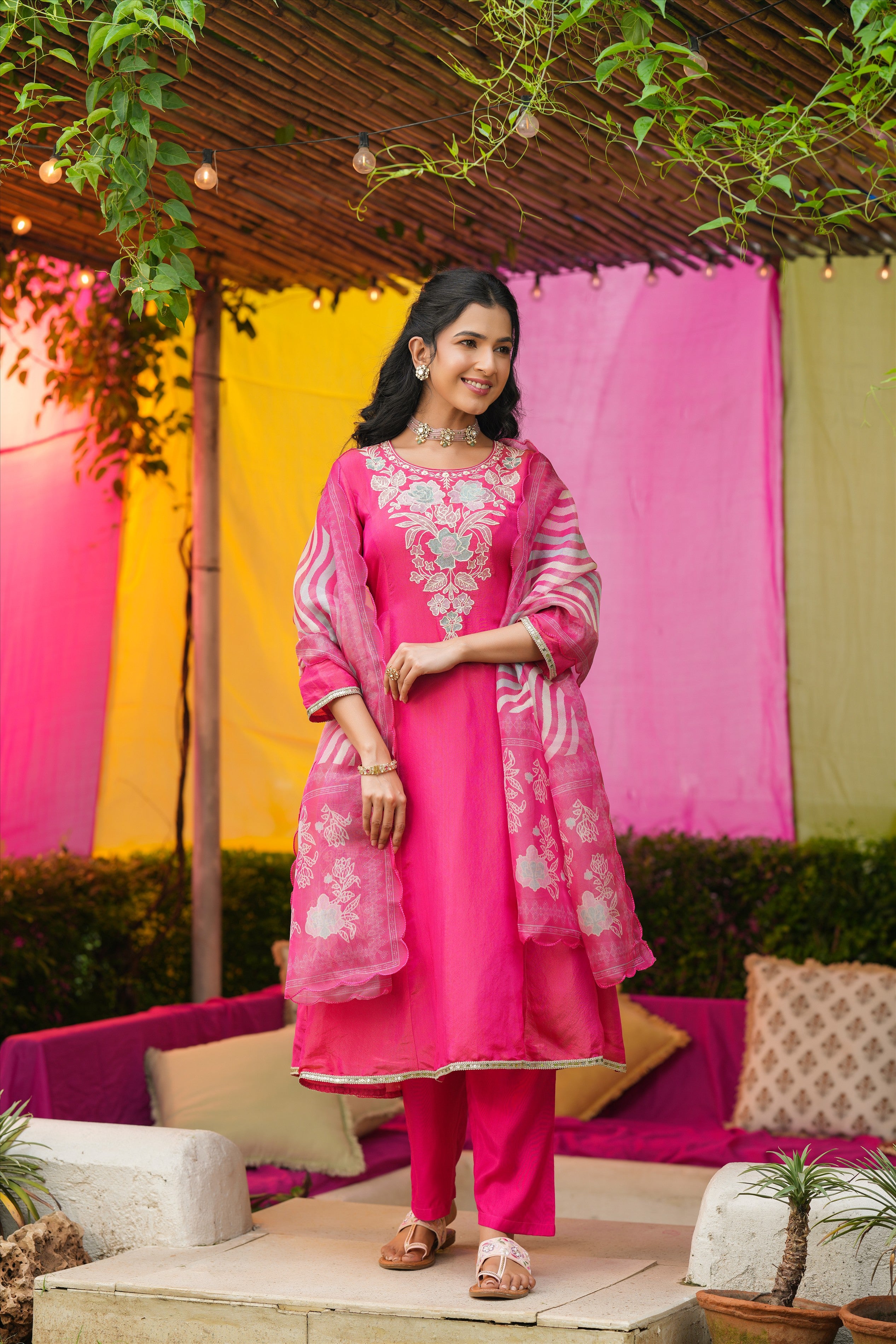 Hot Pink Shimmer Tissue Floral Embroidered Anarkali Suit Set