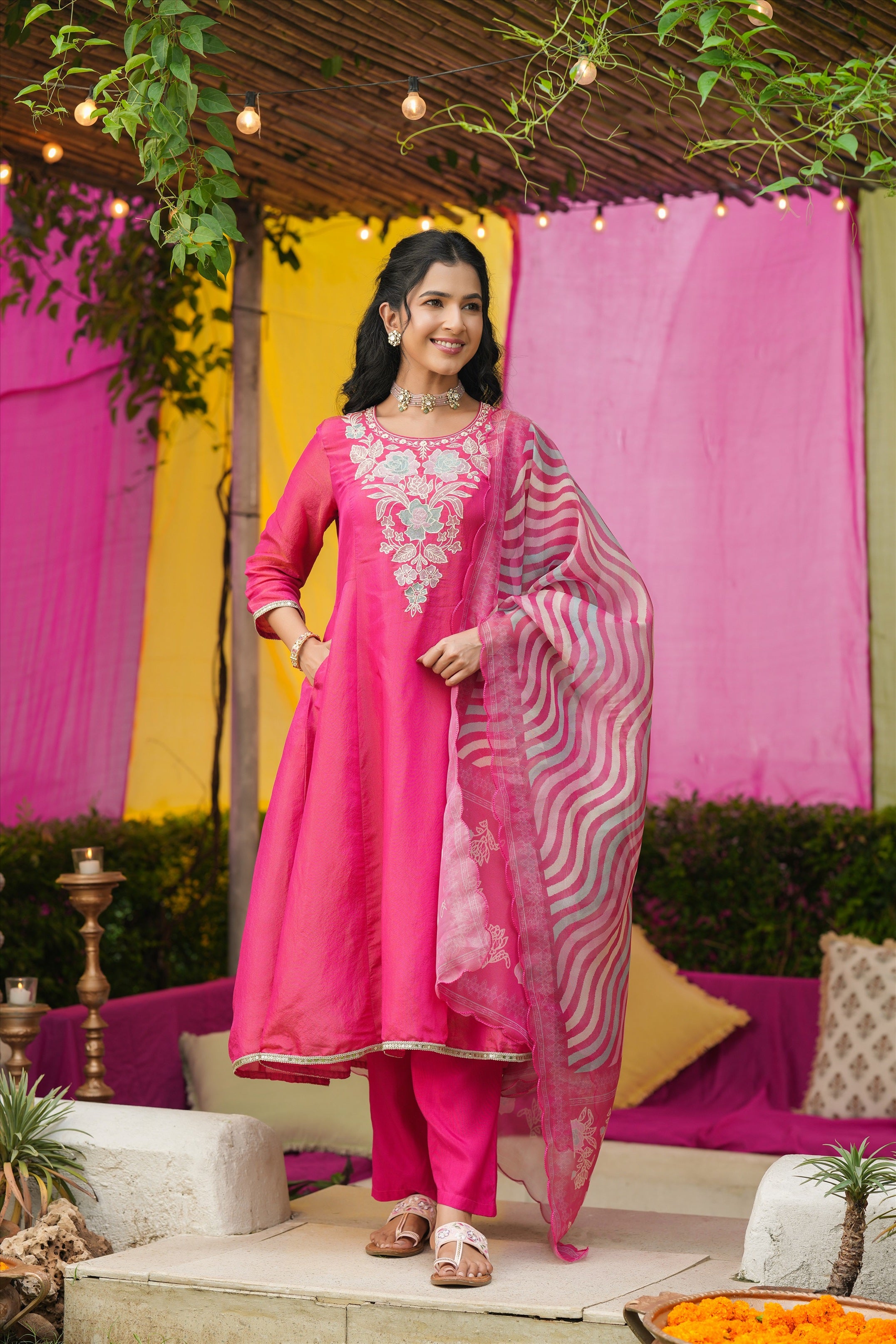 Hot Pink Shimmer Tissue Floral Embroidered Anarkali Suit Set