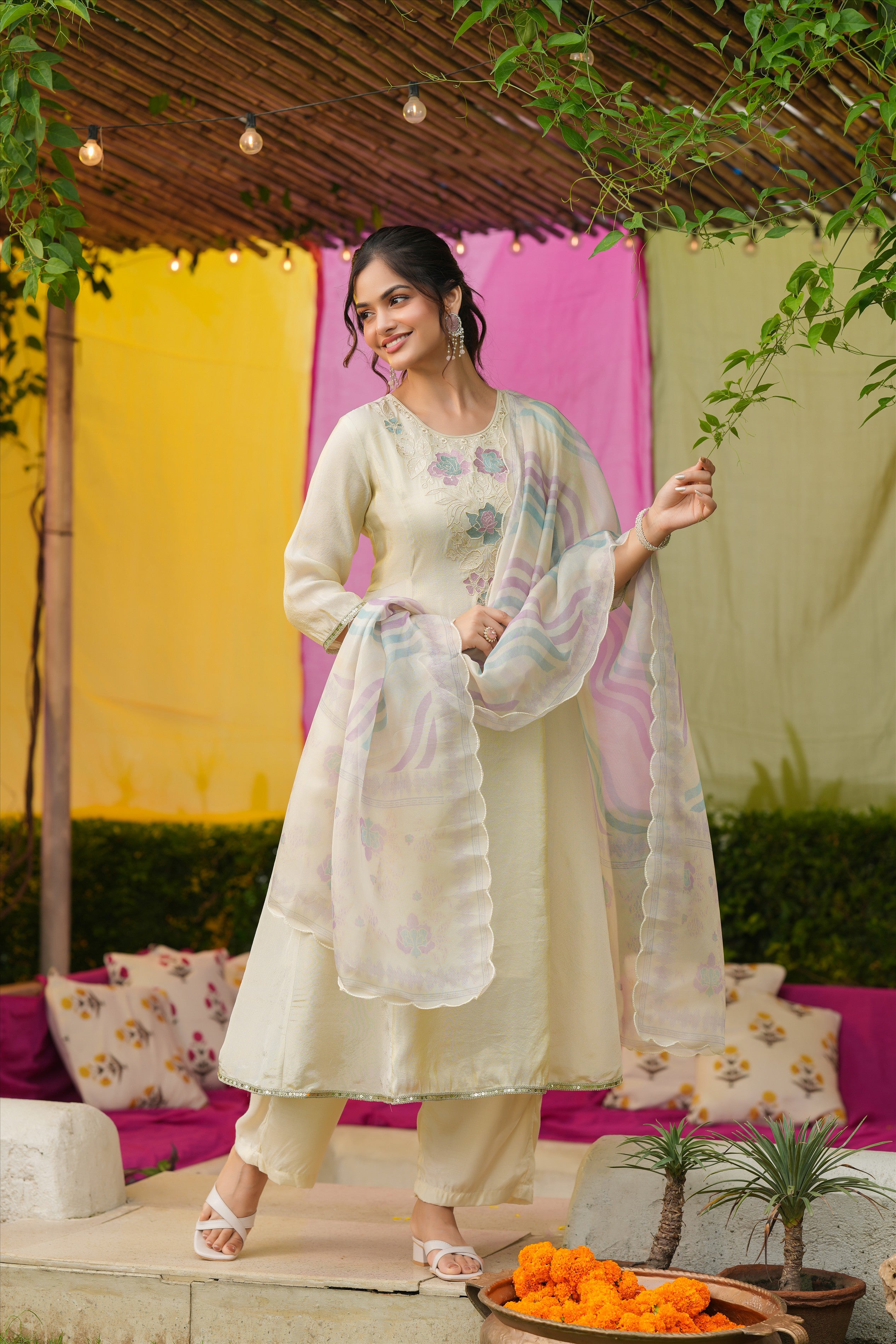 Ivory Shimmer Tissue Floral Embroidered Anarkali Suit Set