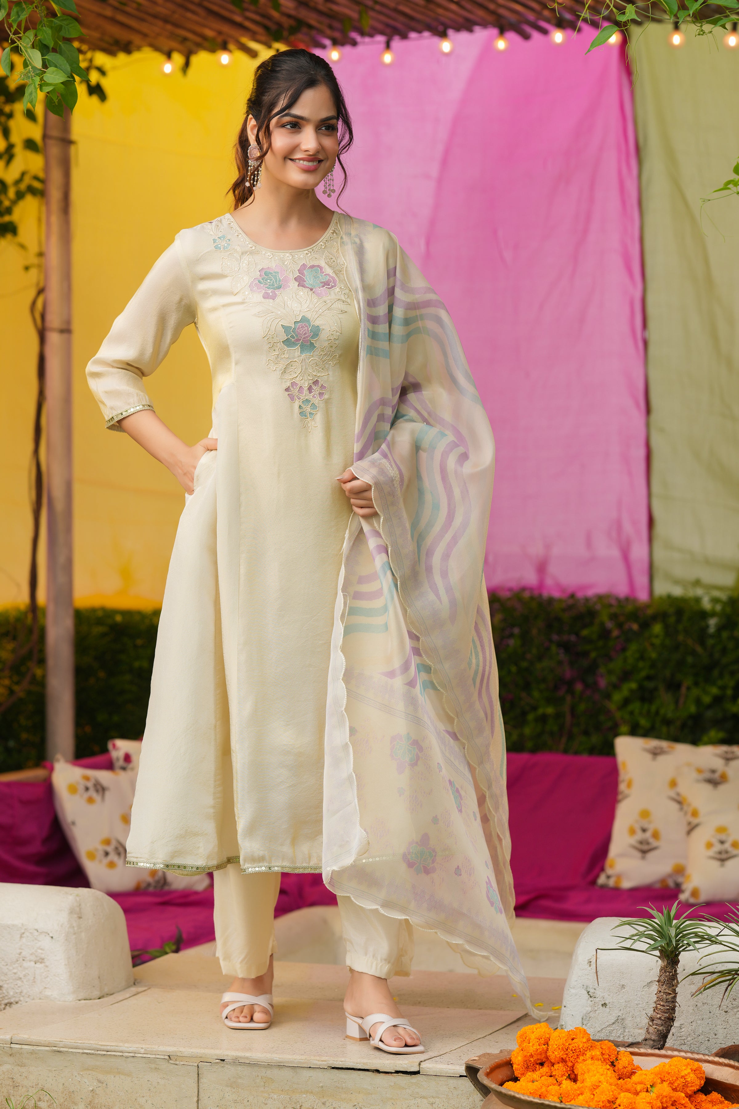 Ivory Shimmer Tissue Floral Embroidered Anarkali Suit Set