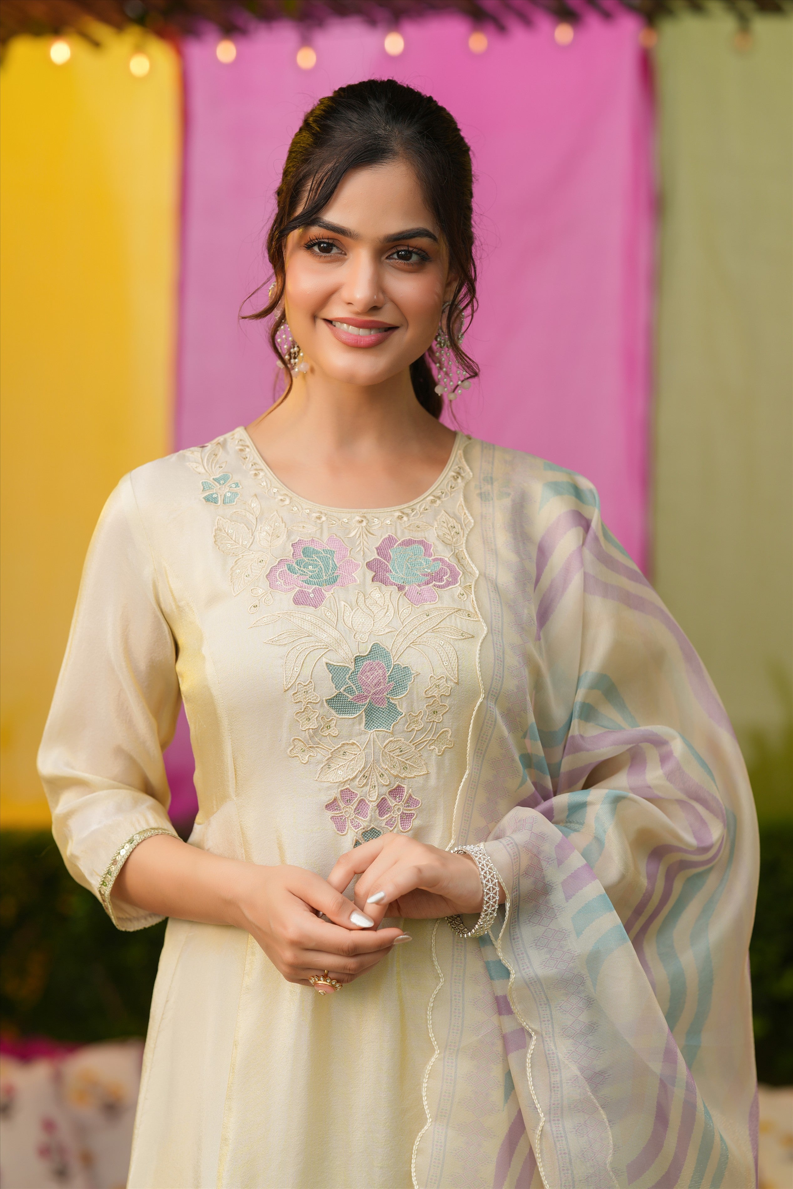 Ivory Shimmer Tissue Floral Embroidered Anarkali Suit Set