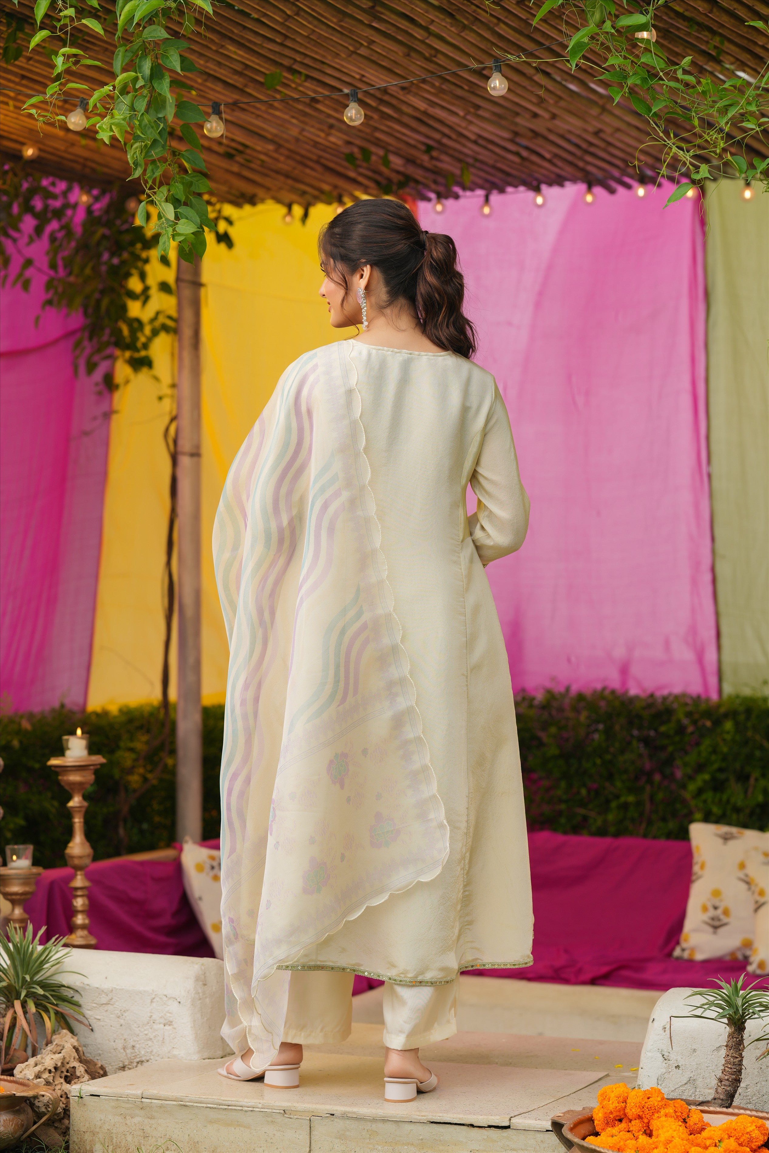 Ivory Shimmer Tissue Floral Embroidered Anarkali Suit Set