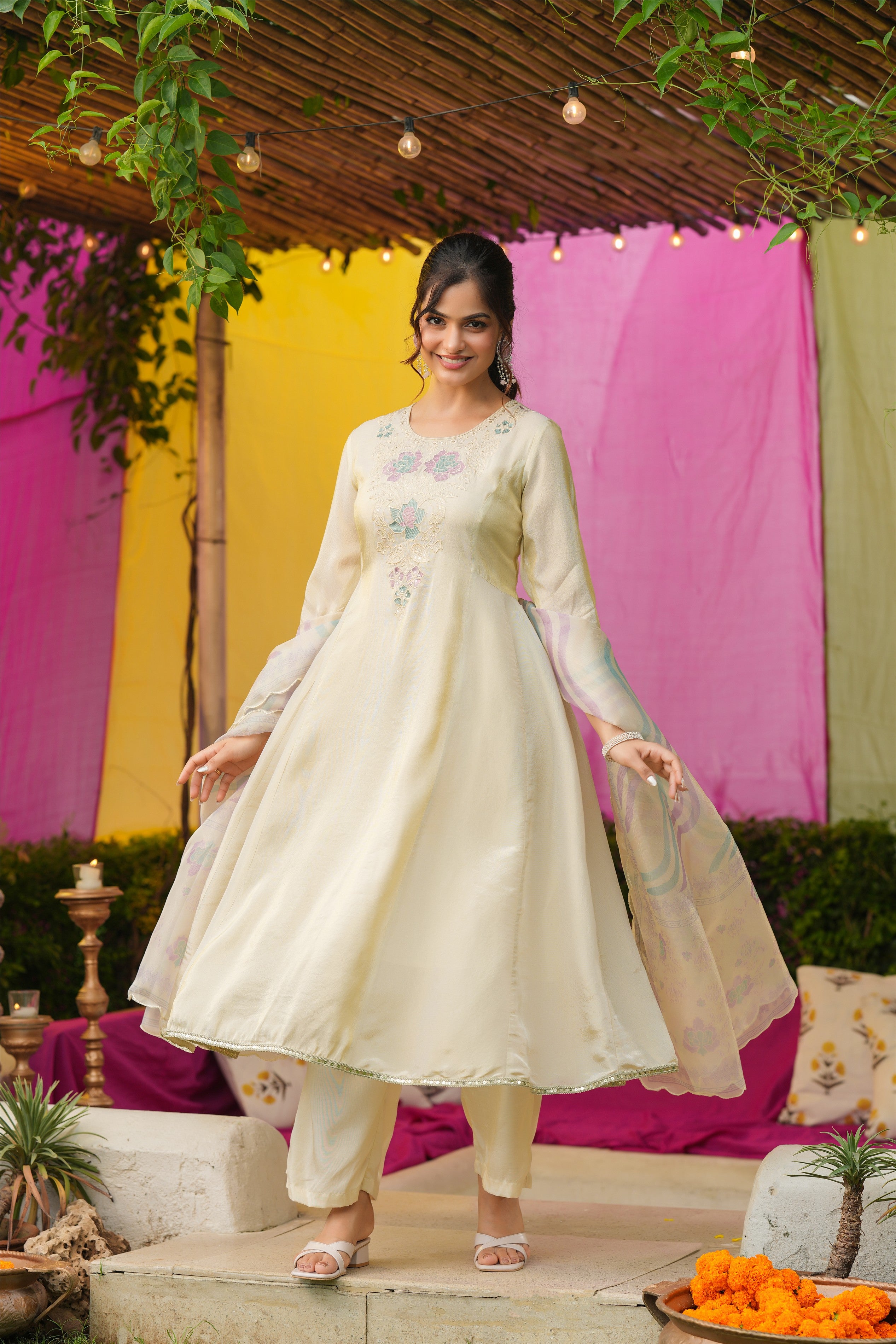 Ivory Shimmer Tissue Floral Embroidered Anarkali Suit Set