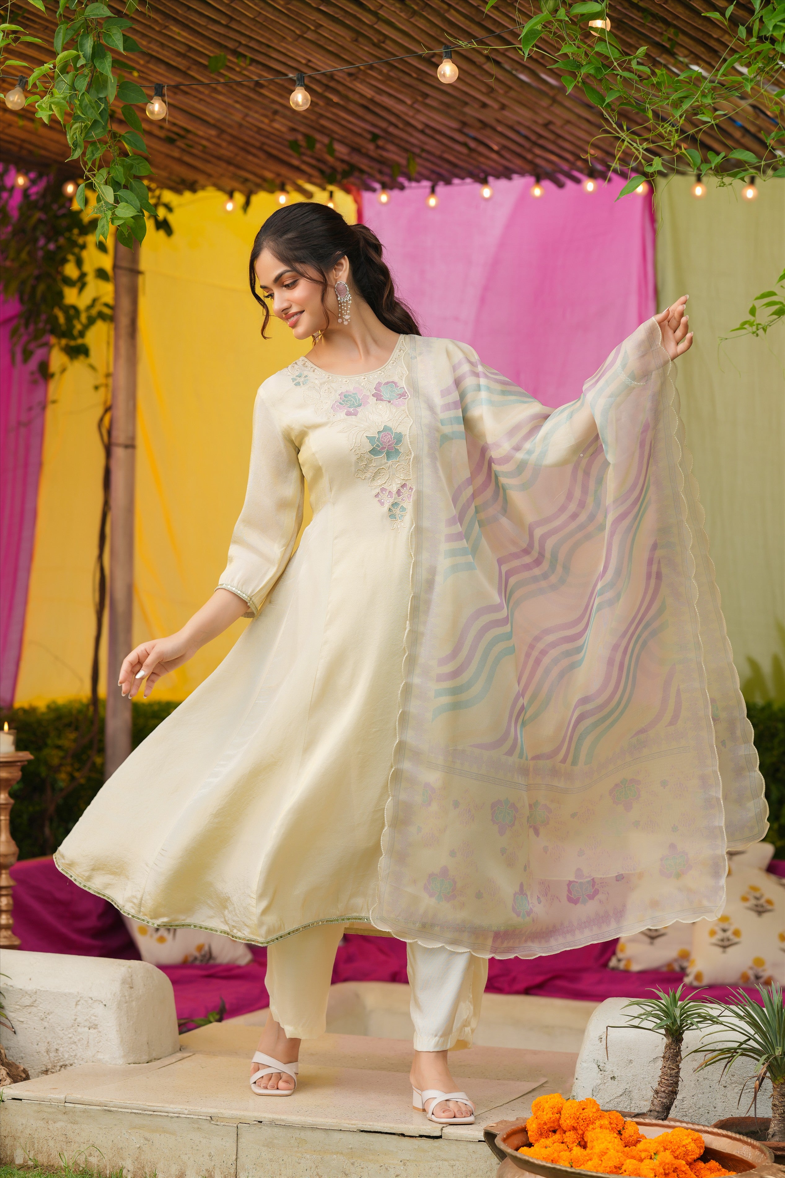 Ivory Shimmer Tissue Floral Embroidered Anarkali Suit Set