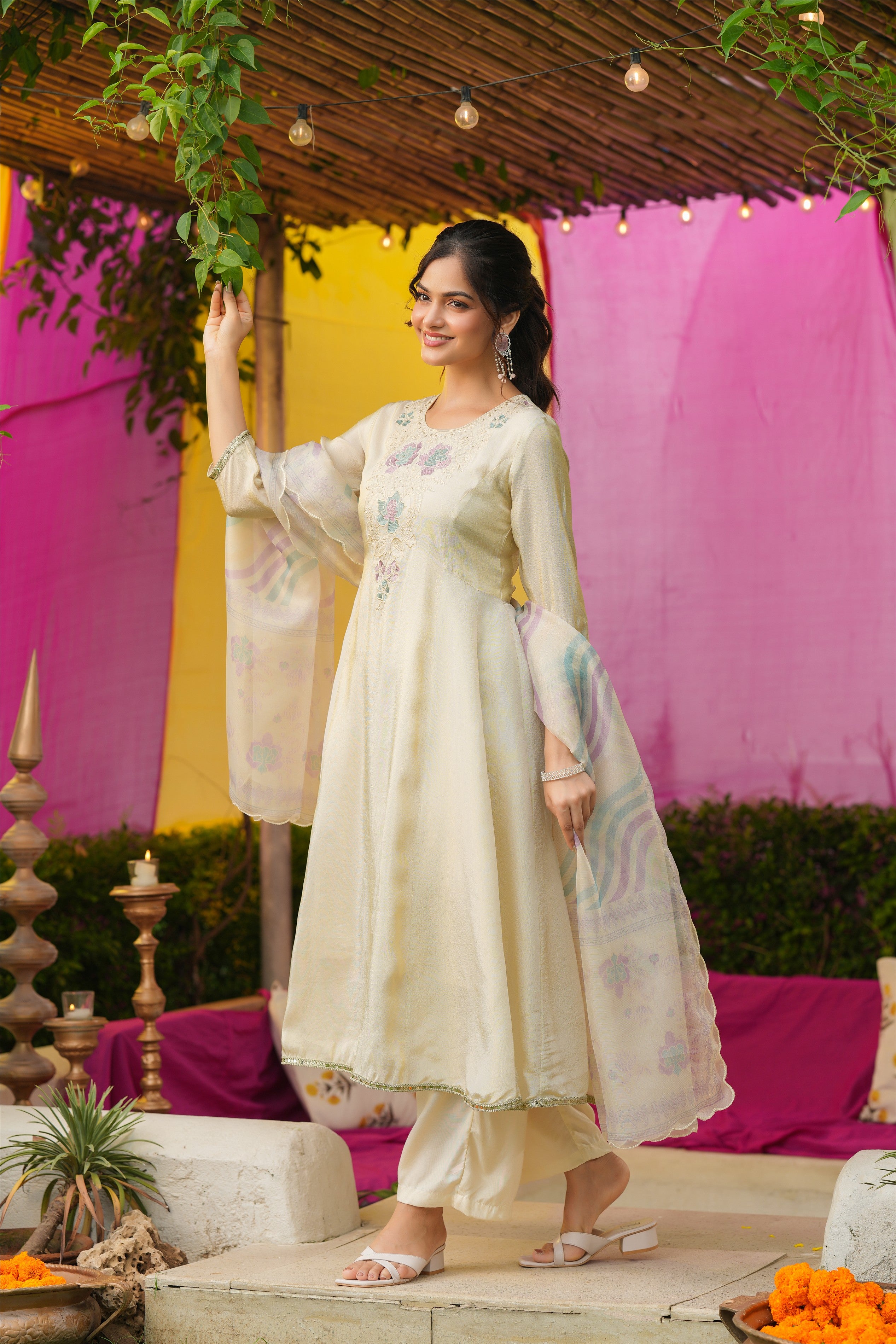 Ivory Shimmer Tissue Floral Embroidered Anarkali Suit Set