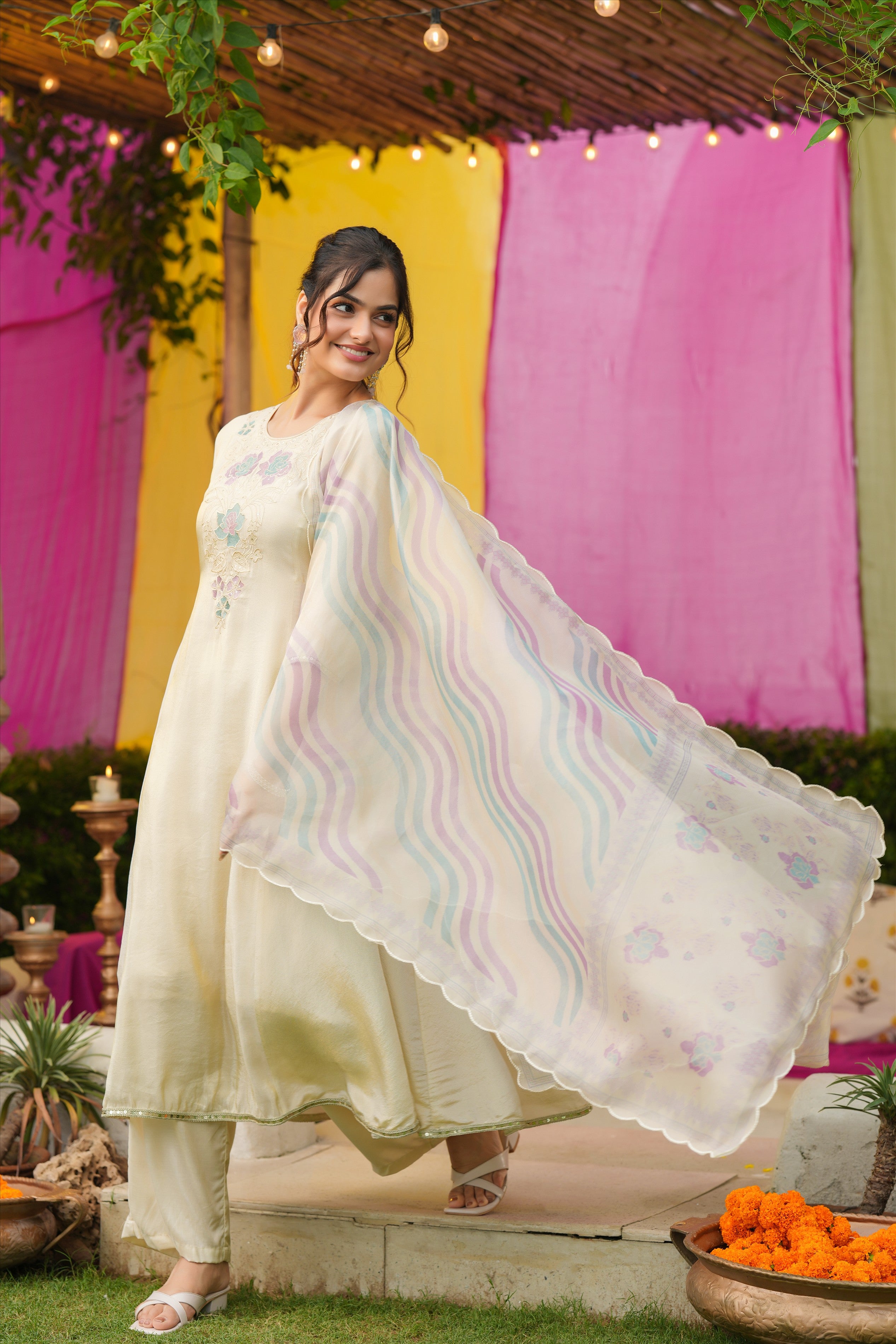 Ivory Shimmer Tissue Floral Embroidered Anarkali Suit Set