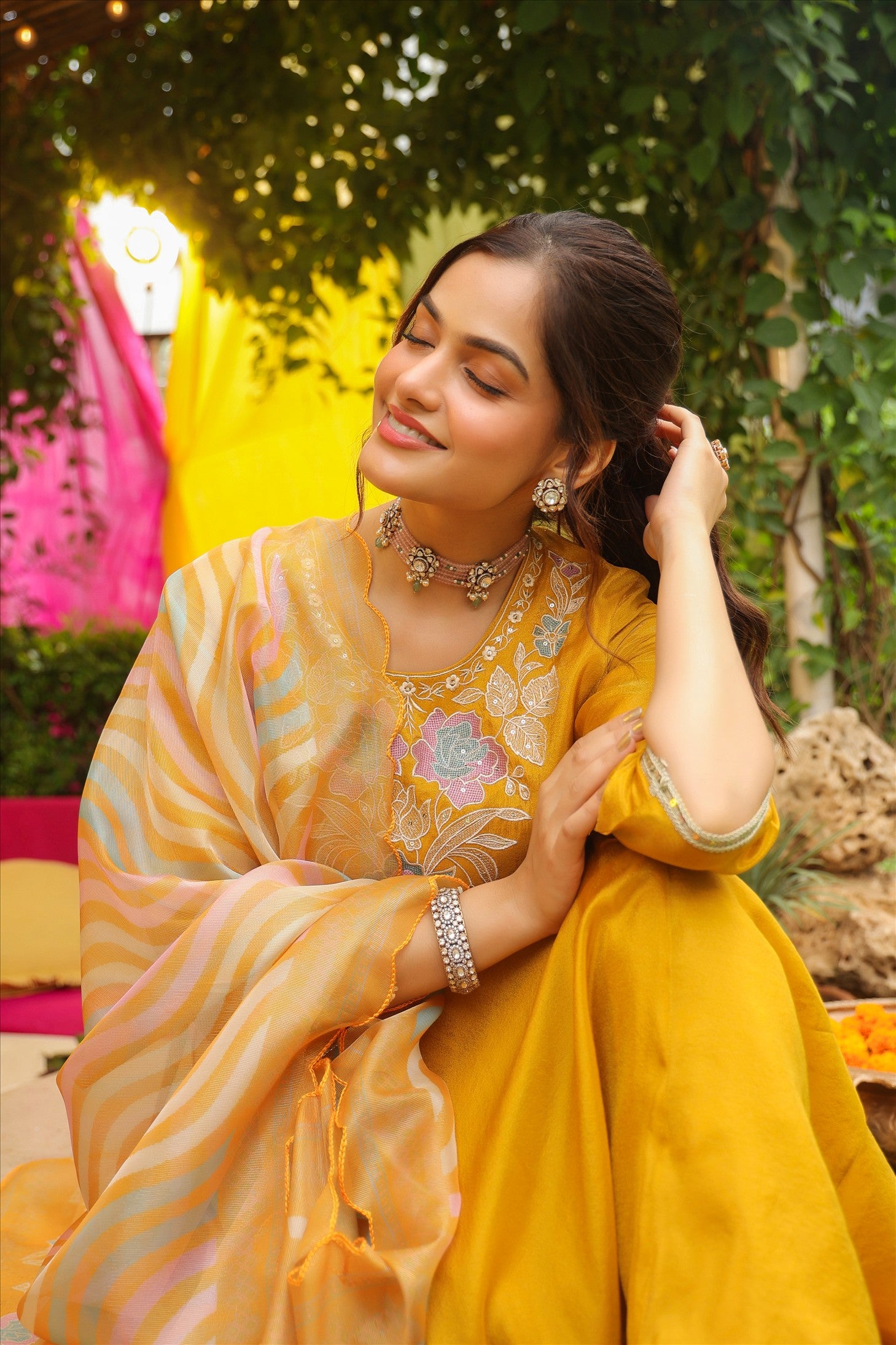 Mustard Shimmer Tissue Floral Embroidered Anarkali Suit Set