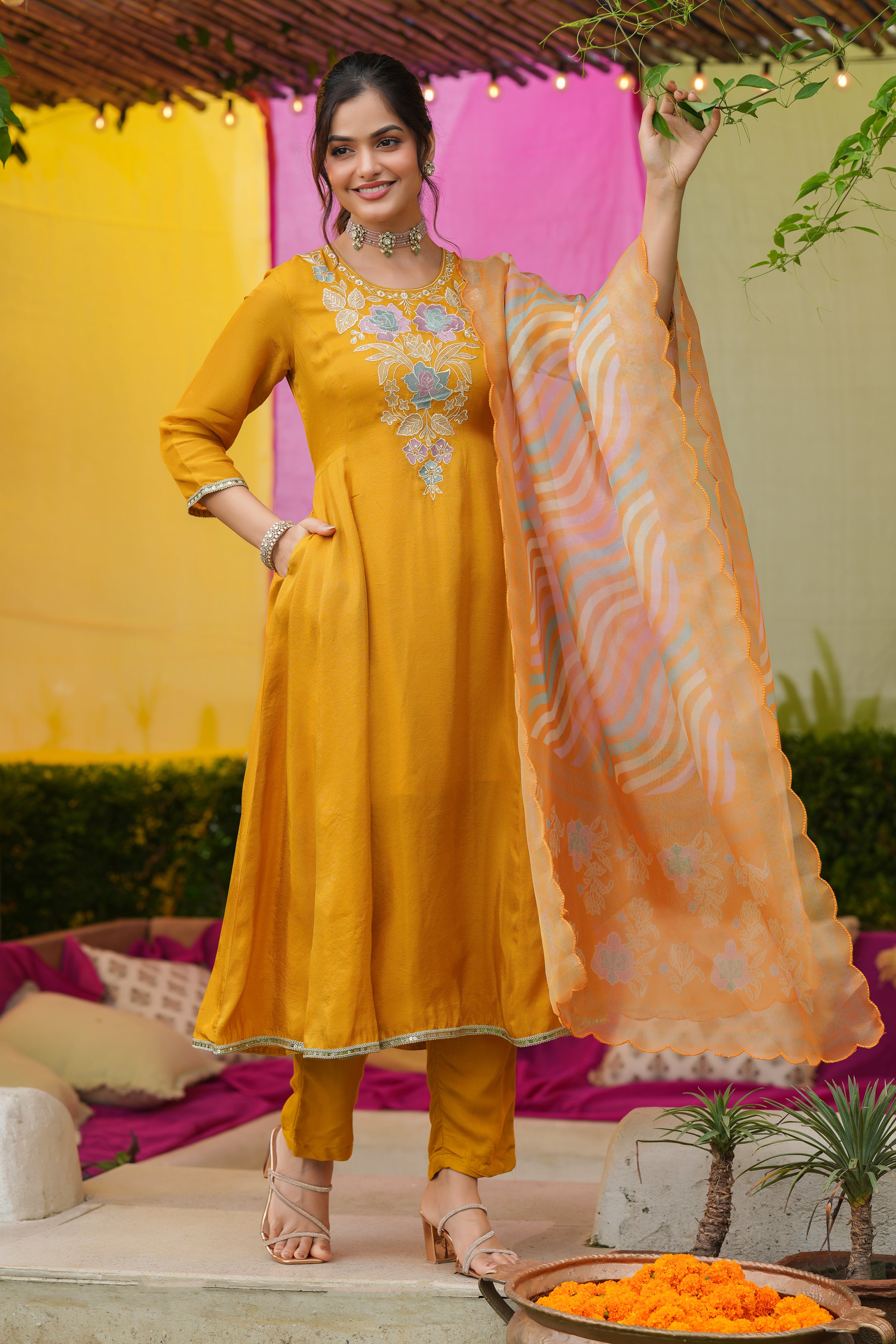 Mustard Shimmer Tissue Floral Embroidered Anarkali Suit Set