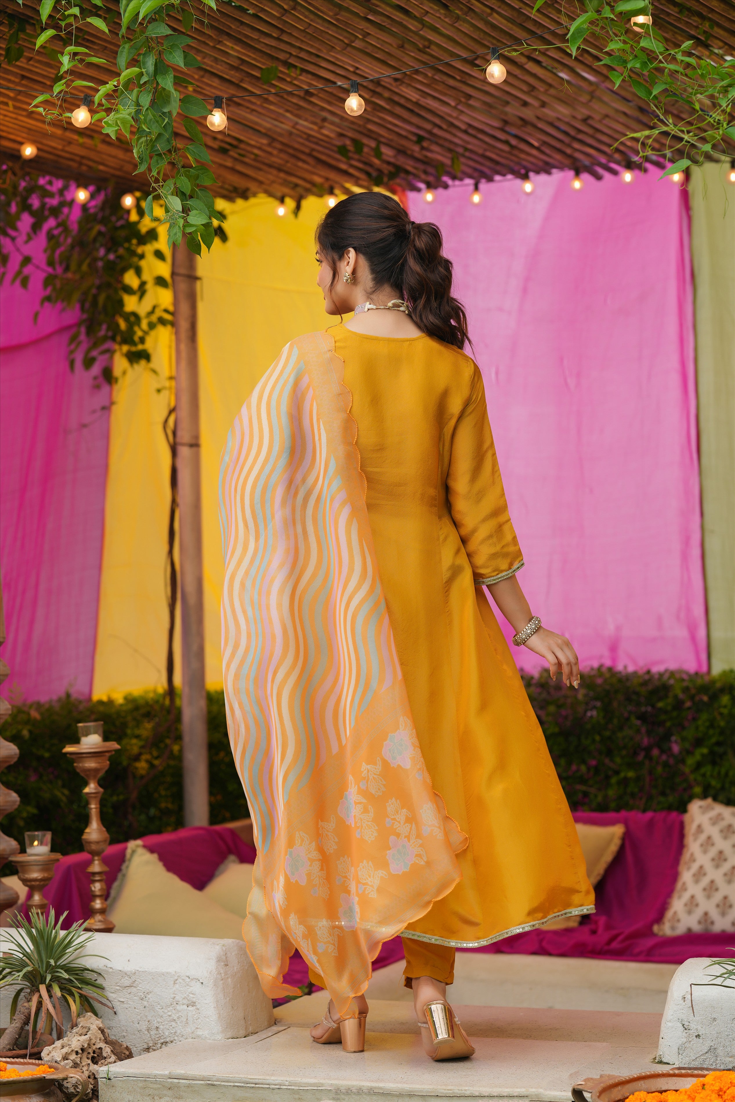 Mustard Shimmer Tissue Floral Embroidered Anarkali Suit Set