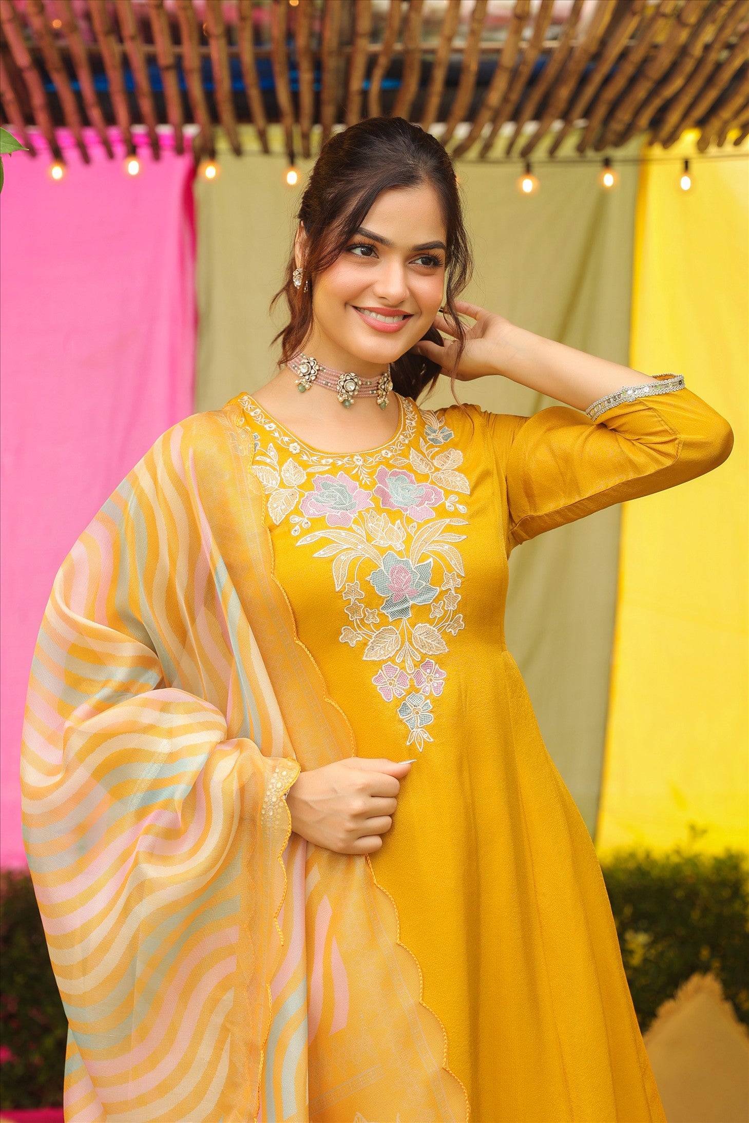 Mustard Shimmer Tissue Floral Embroidered Anarkali Suit Set