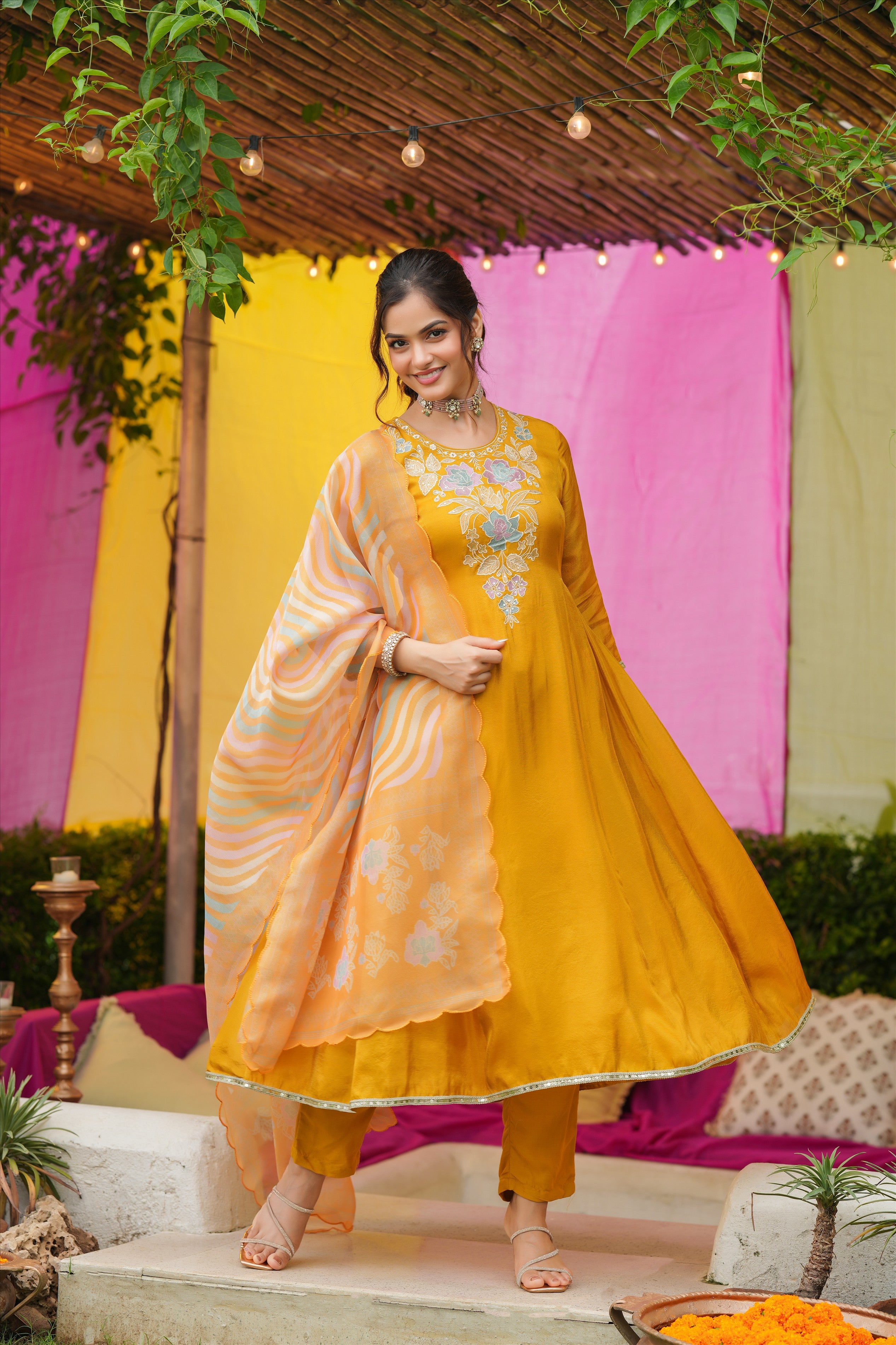 Mustard Shimmer Tissue Floral Embroidered Anarkali Suit Set