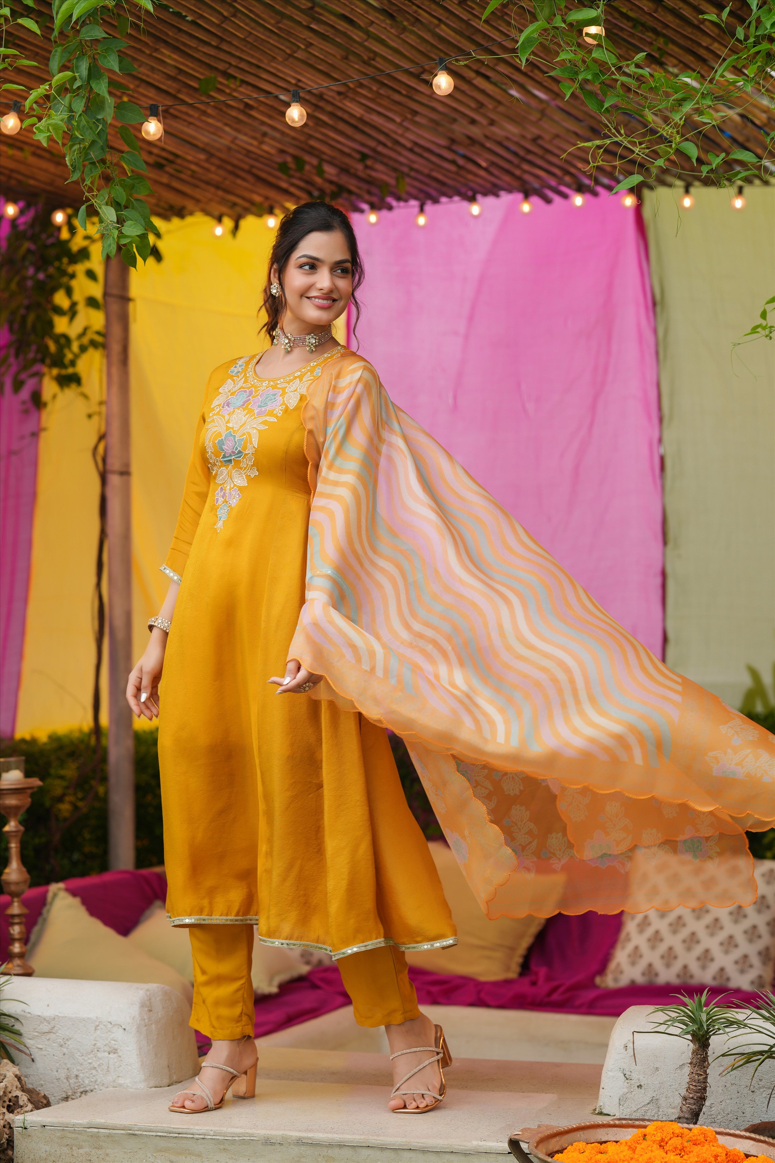 Mustard Shimmer Tissue Floral Embroidered Anarkali Suit Set