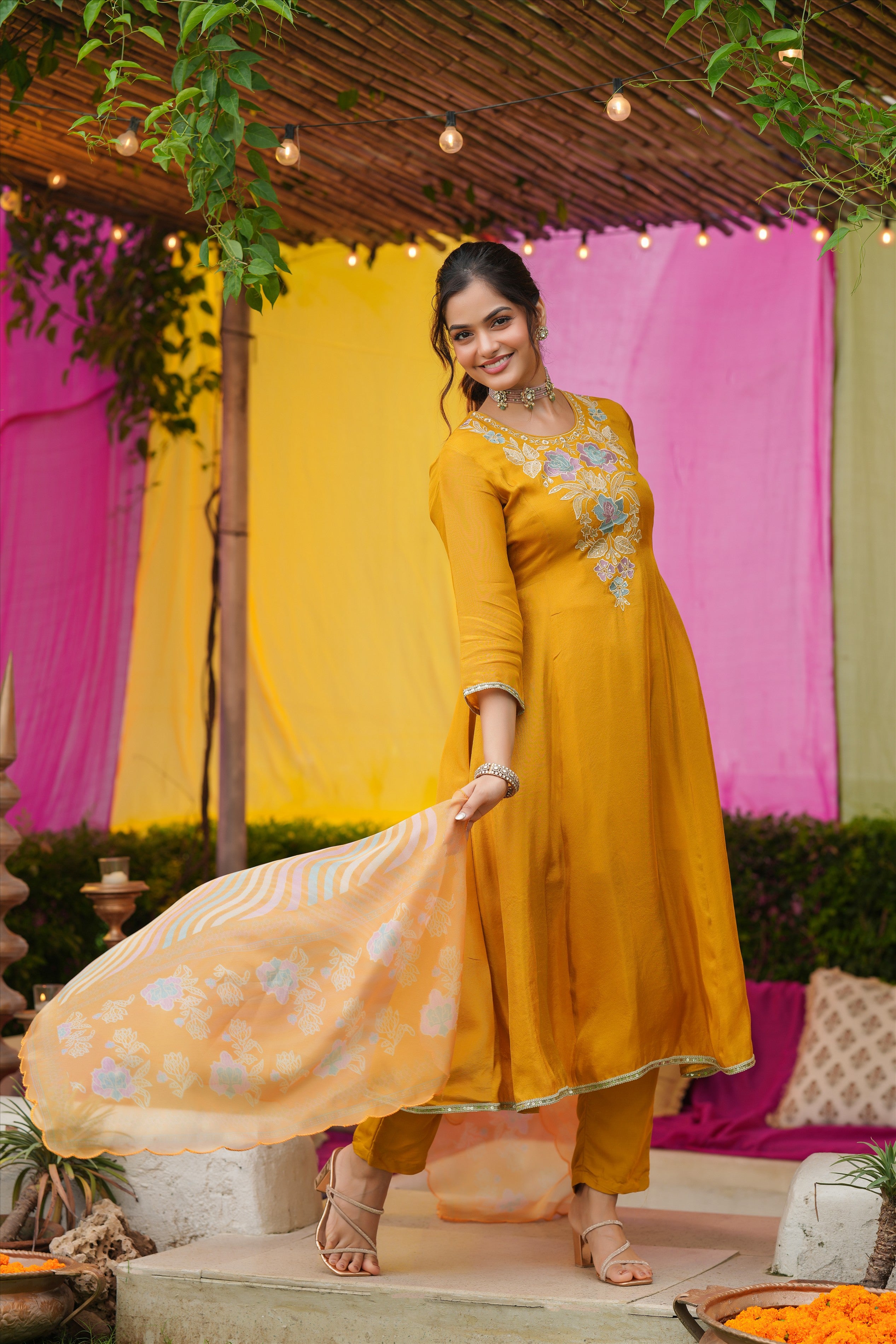 Mustard Shimmer Tissue Floral Embroidered Anarkali Suit Set