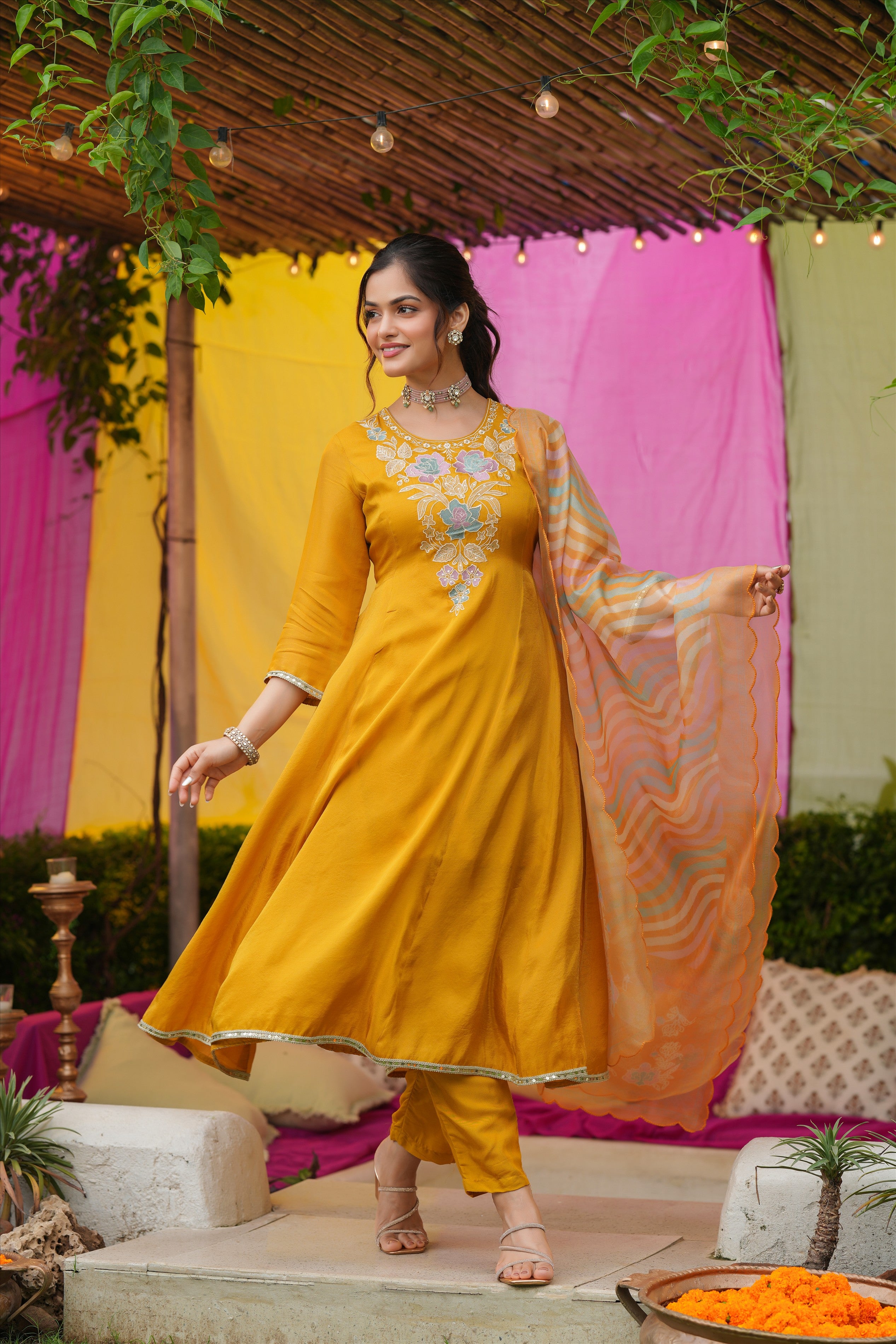 Mustard Shimmer Tissue Floral Embroidered Anarkali Suit Set
