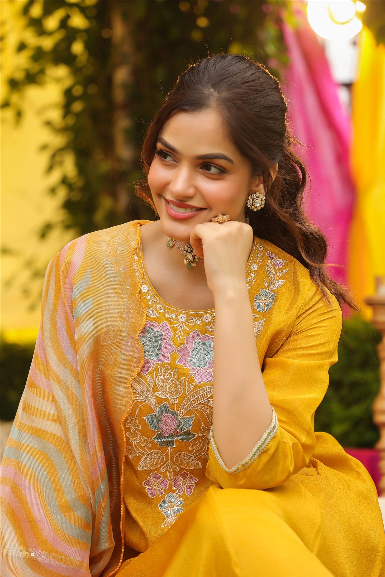 Mustard Shimmer Tissue Floral Embroidered Anarkali Suit Set