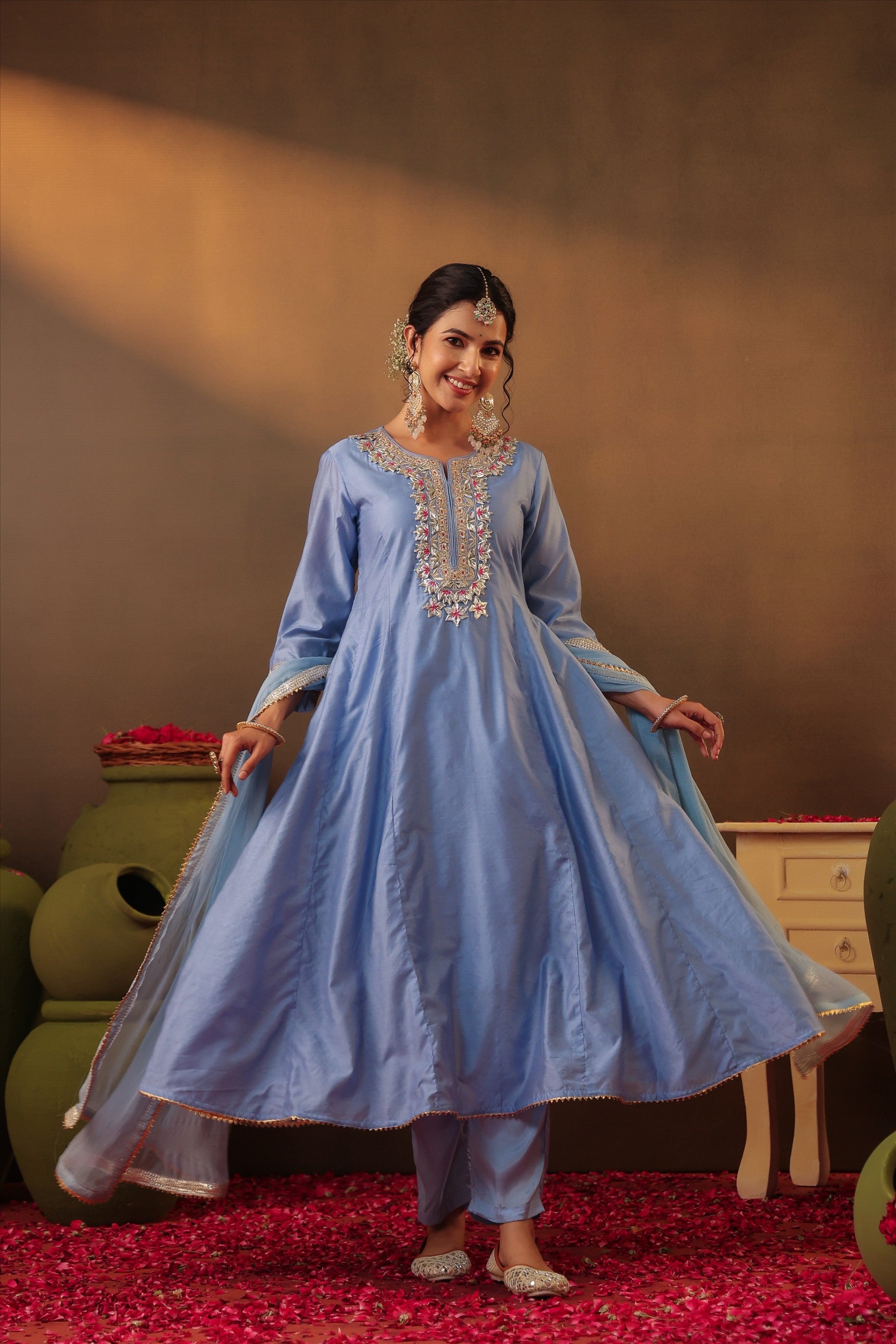 Powder Blue Chanderi Silk Gota Work Anarkali Suit Set