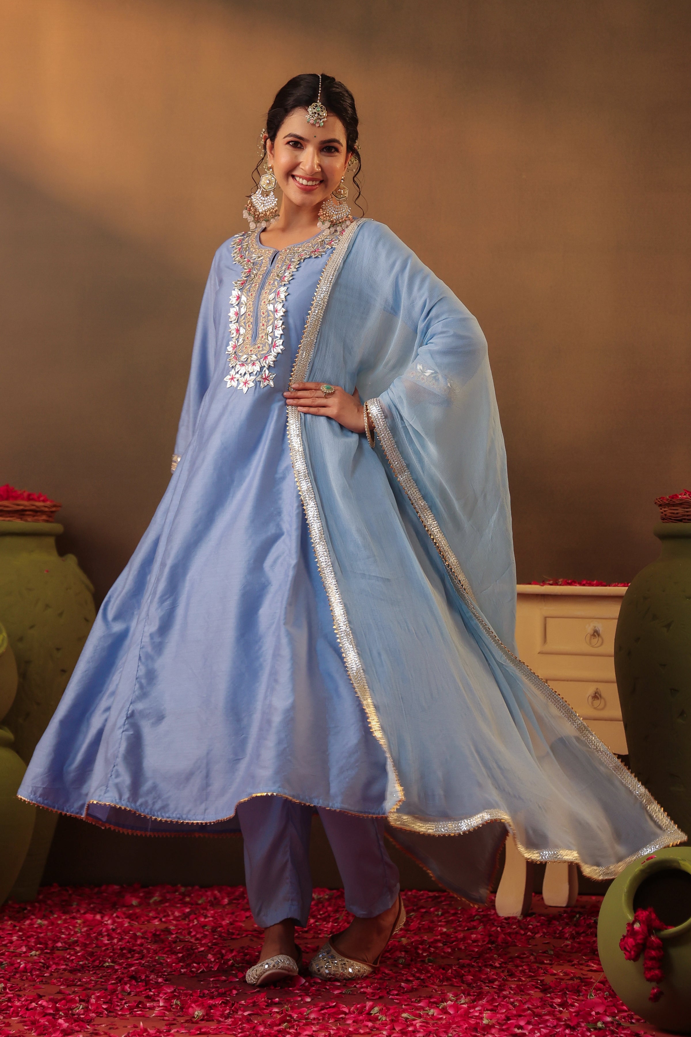 Powder Blue Chanderi Silk Gota Work Anarkali Suit Set