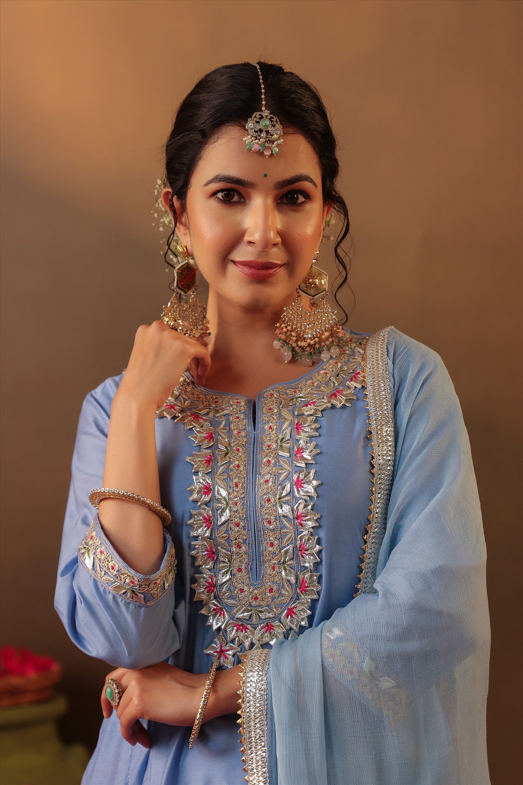 Powder Blue Chanderi Silk Gota Work Anarkali Suit Set