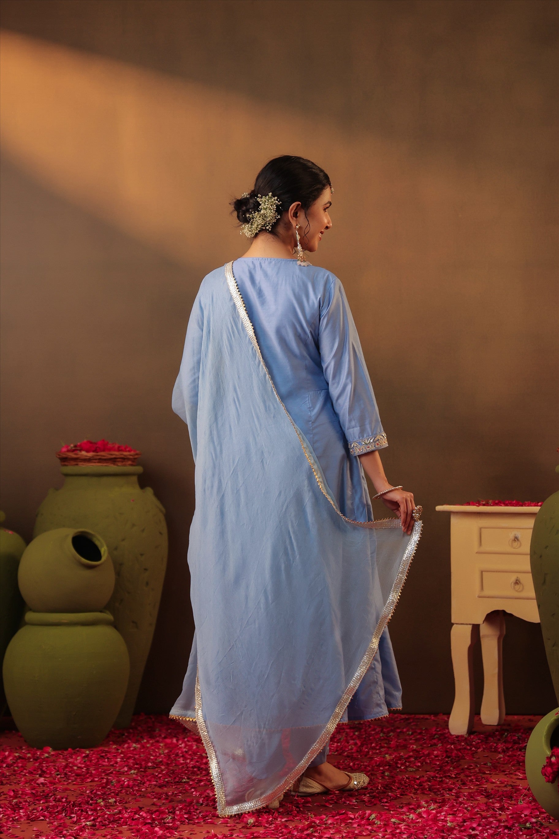 Powder Blue Chanderi Silk Gota Work Anarkali Suit Set