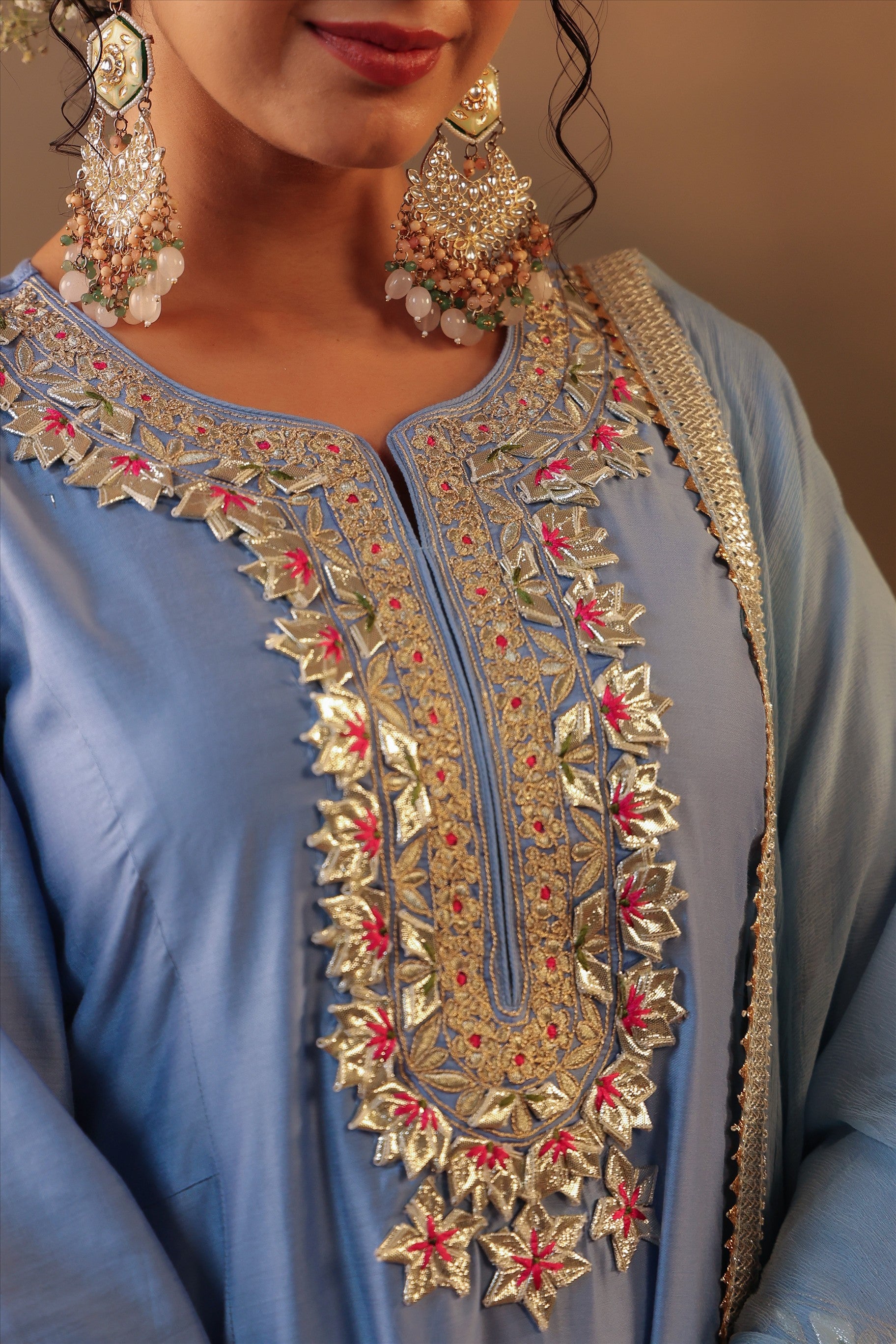 Powder Blue Chanderi Silk Gota Work Anarkali Suit Set