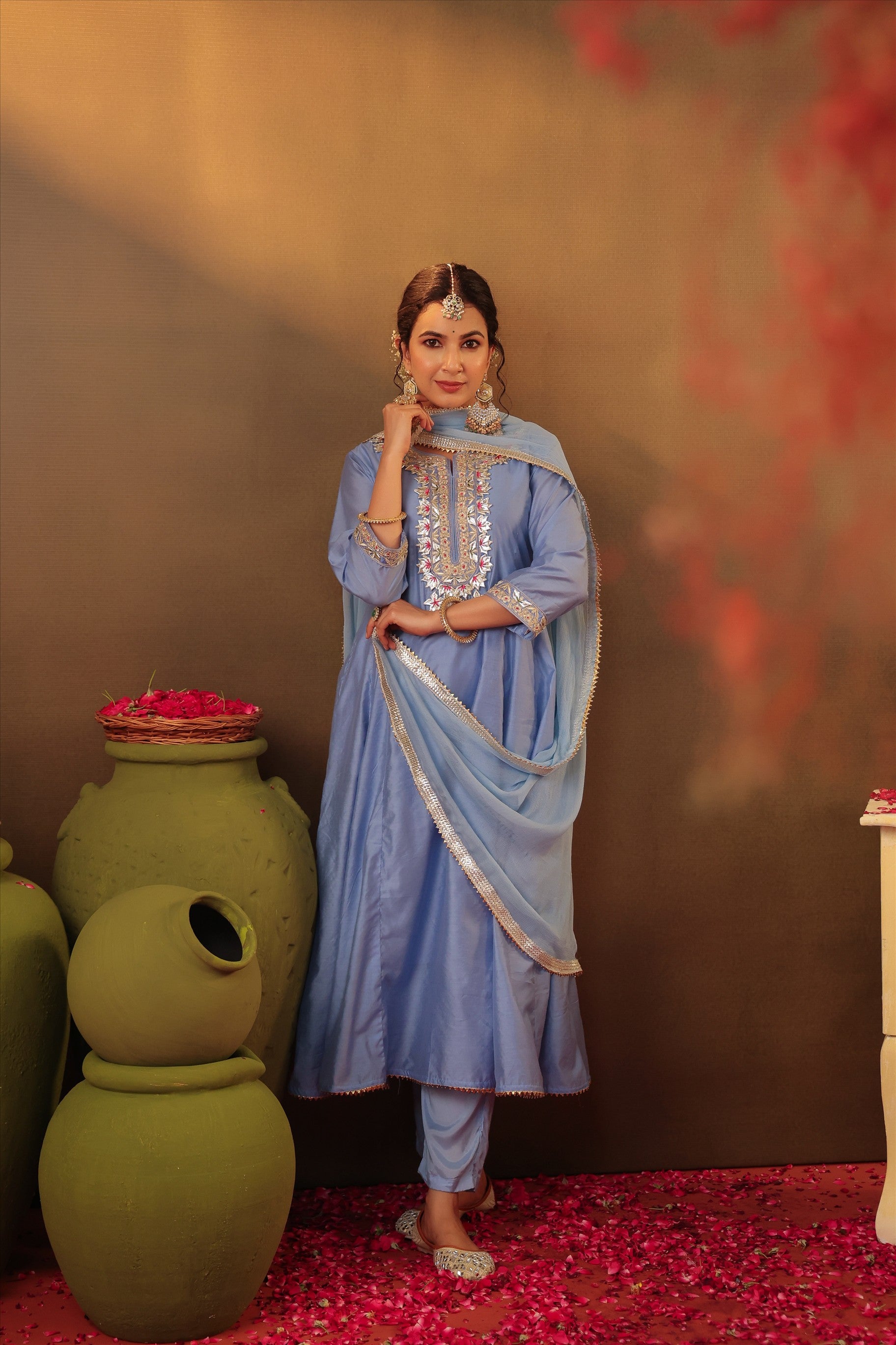Powder Blue Chanderi Silk Gota Work Anarkali Suit Set