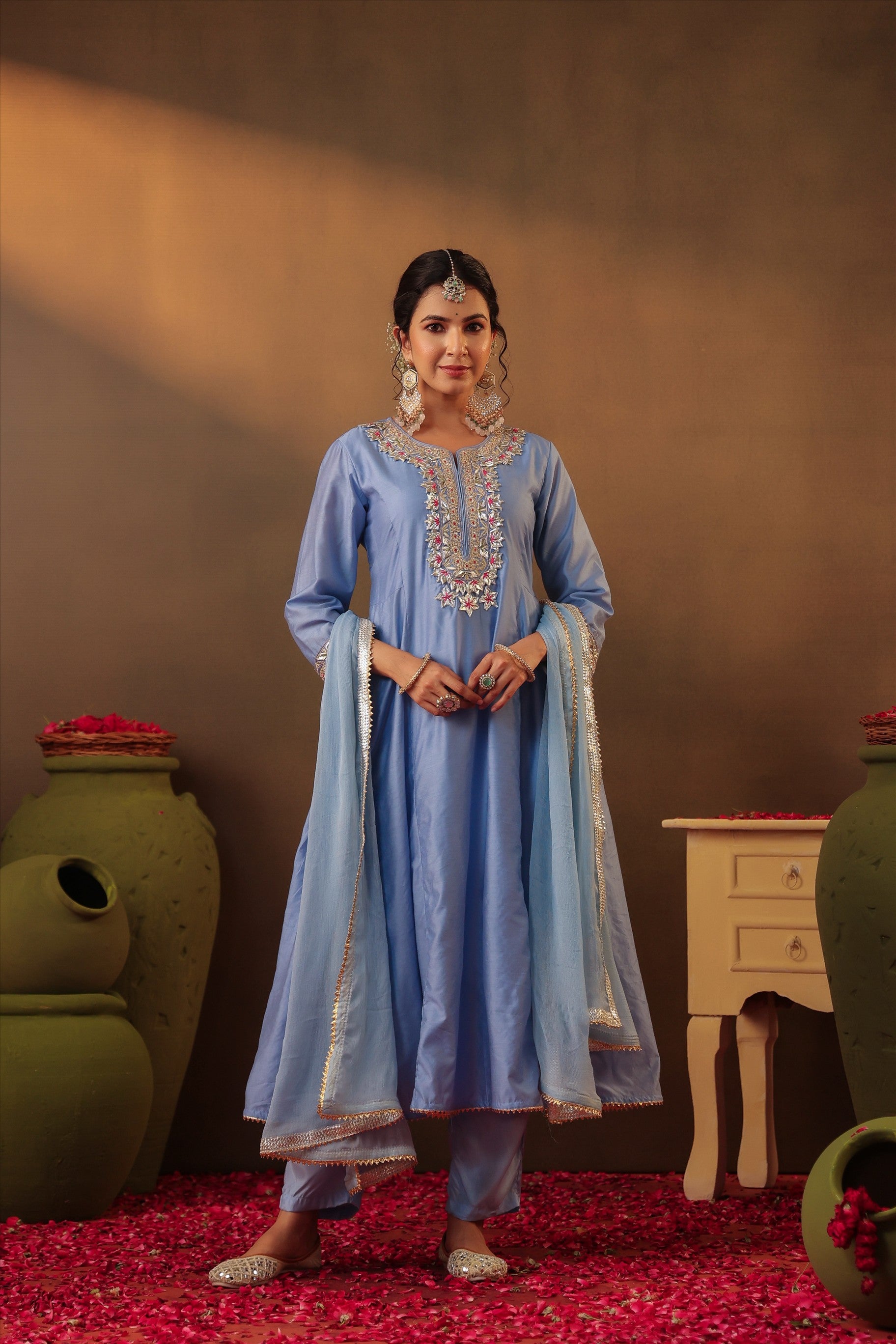 Powder Blue Chanderi Silk Gota Work Anarkali Suit Set