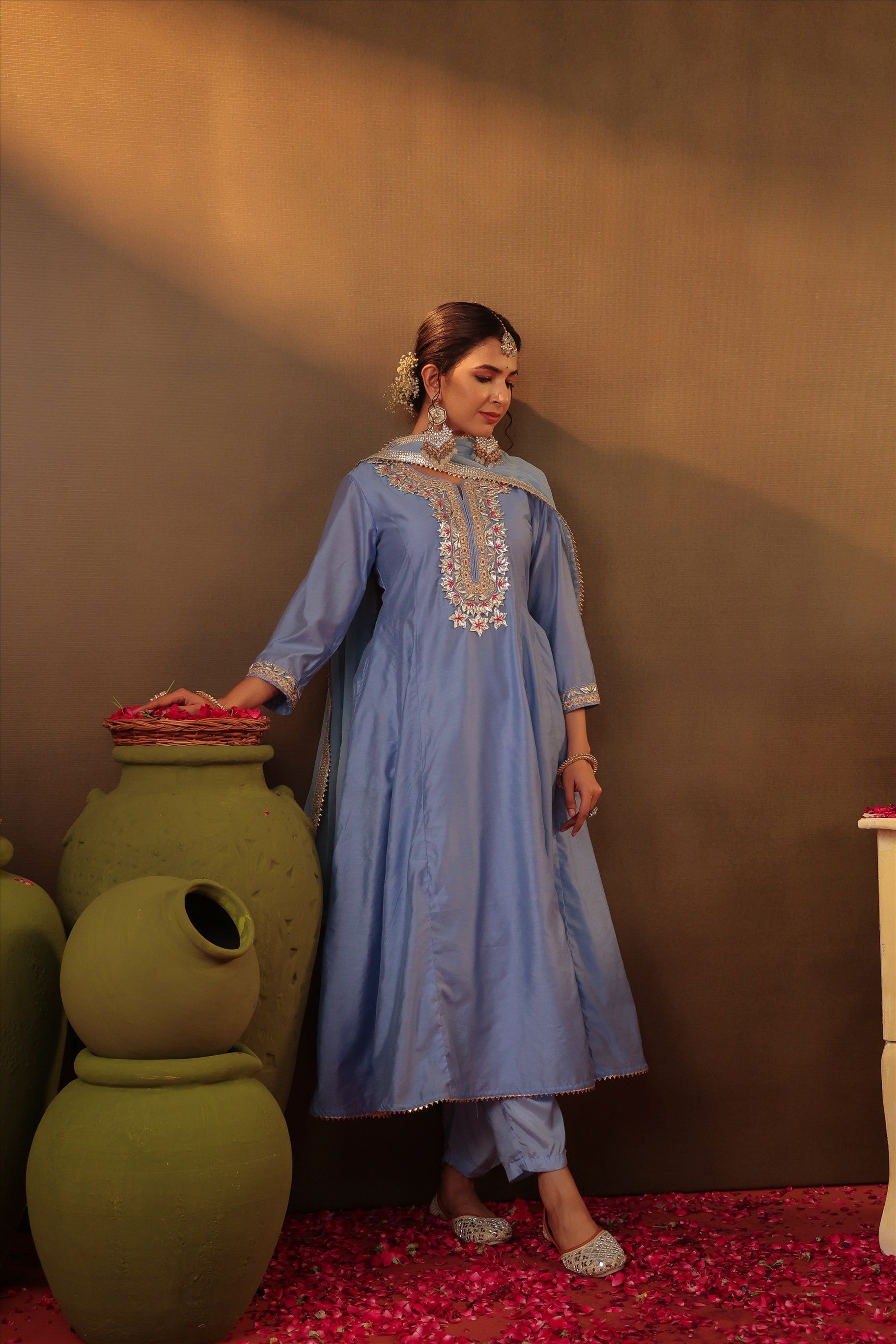 Powder Blue Chanderi Silk Gota Work Anarkali Suit Set