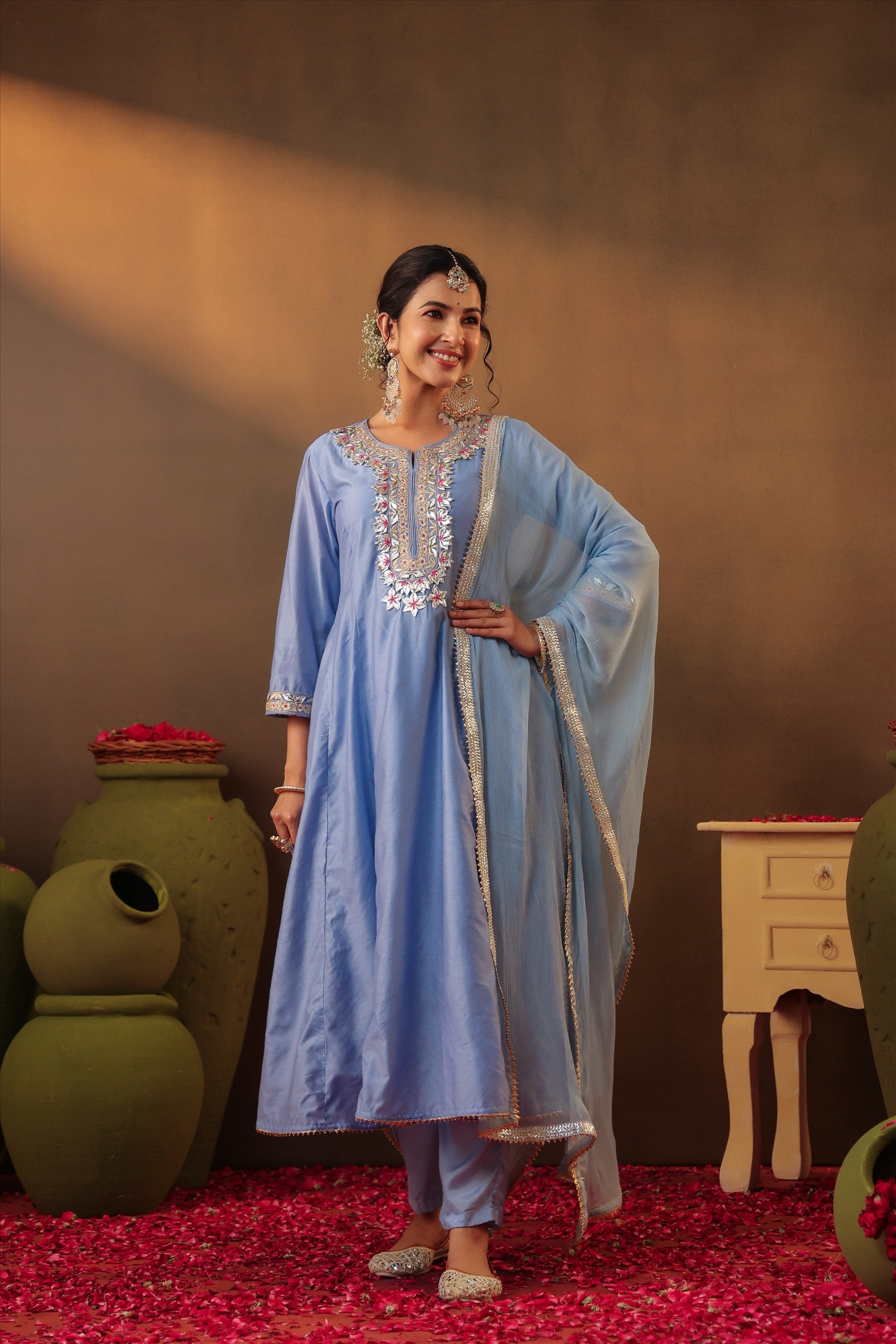 Powder Blue Chanderi Silk Gota Work Anarkali Suit Set