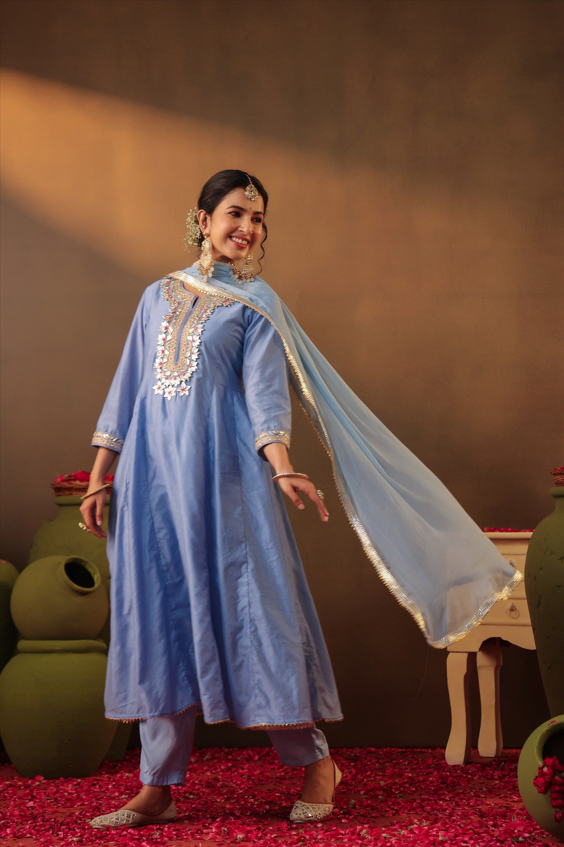 Powder Blue Chanderi Silk Gota Work Anarkali Suit Set