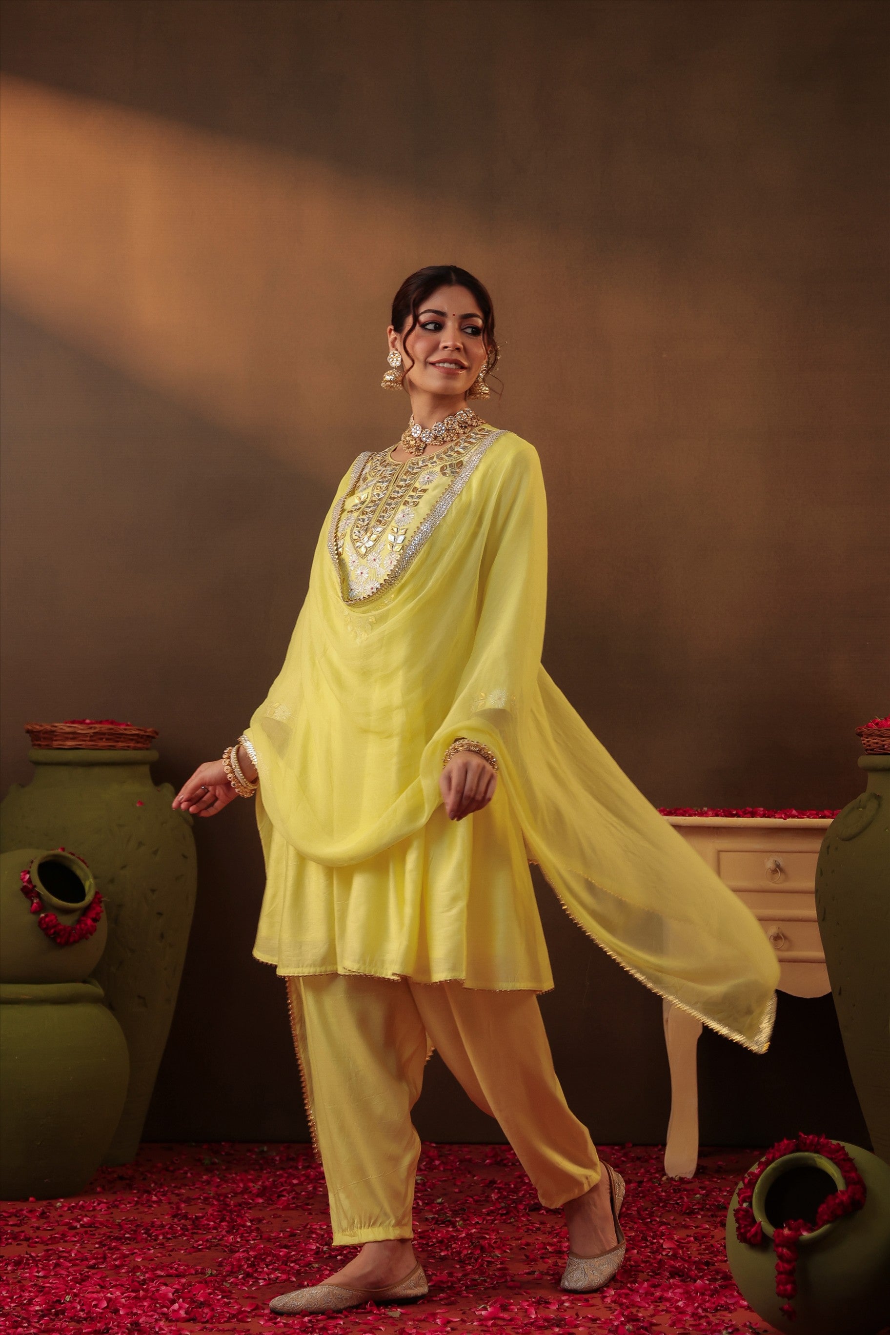 Yellow Chanderi Silk Gota Patti Work Anarkali Suit Set