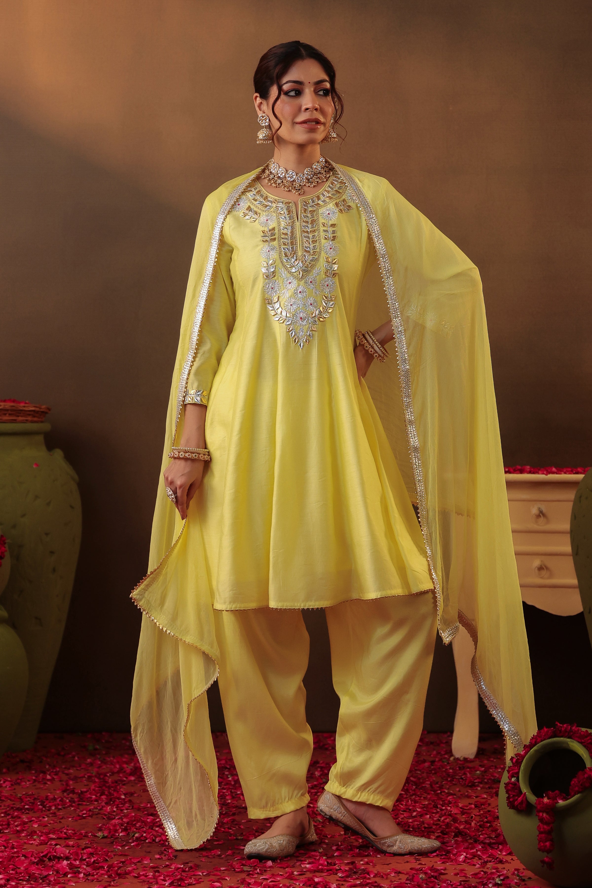 Yellow Chanderi Silk Gota Patti Work Anarkali Suit Set
