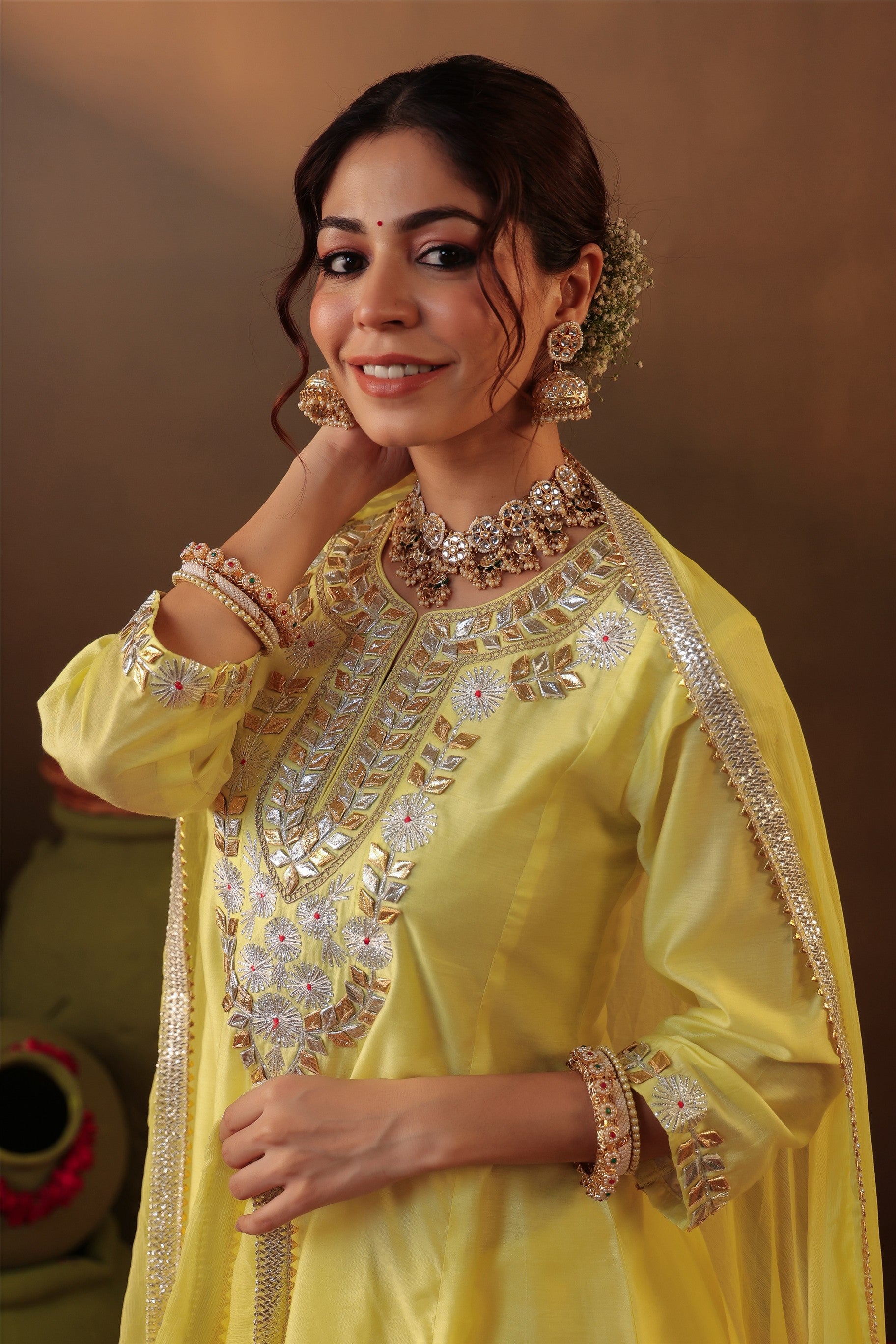 Yellow Chanderi Silk Gota Patti Work Anarkali Suit Set