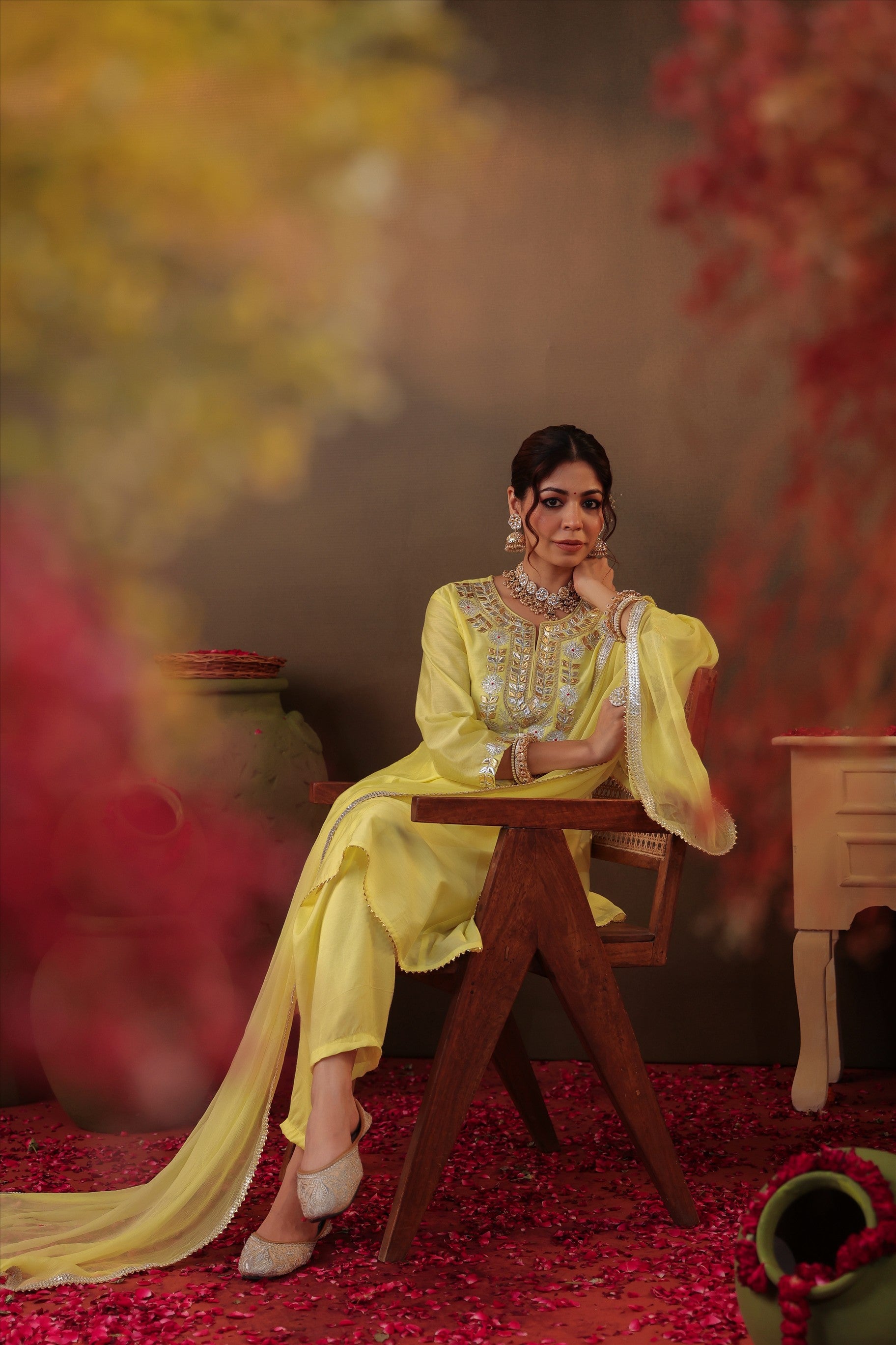 Yellow Chanderi Silk Gota Patti Work Anarkali Suit Set