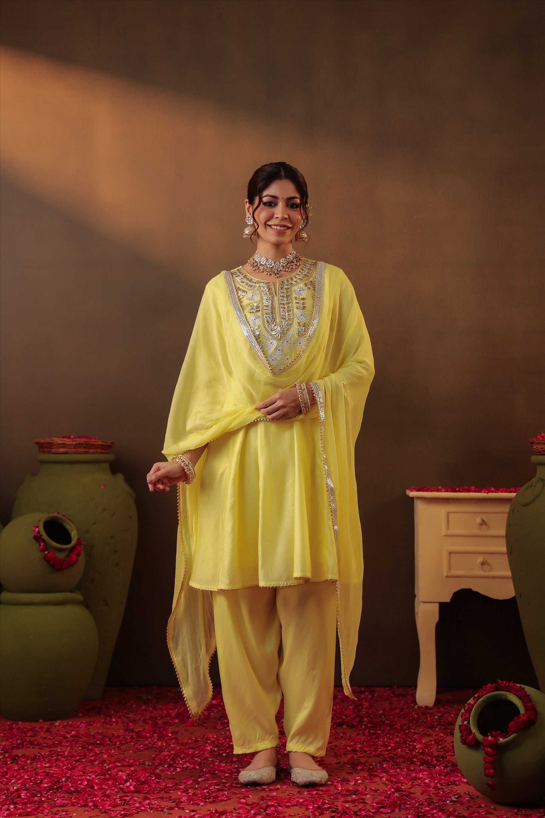 Yellow Chanderi Silk Gota Patti Work Anarkali Suit Set