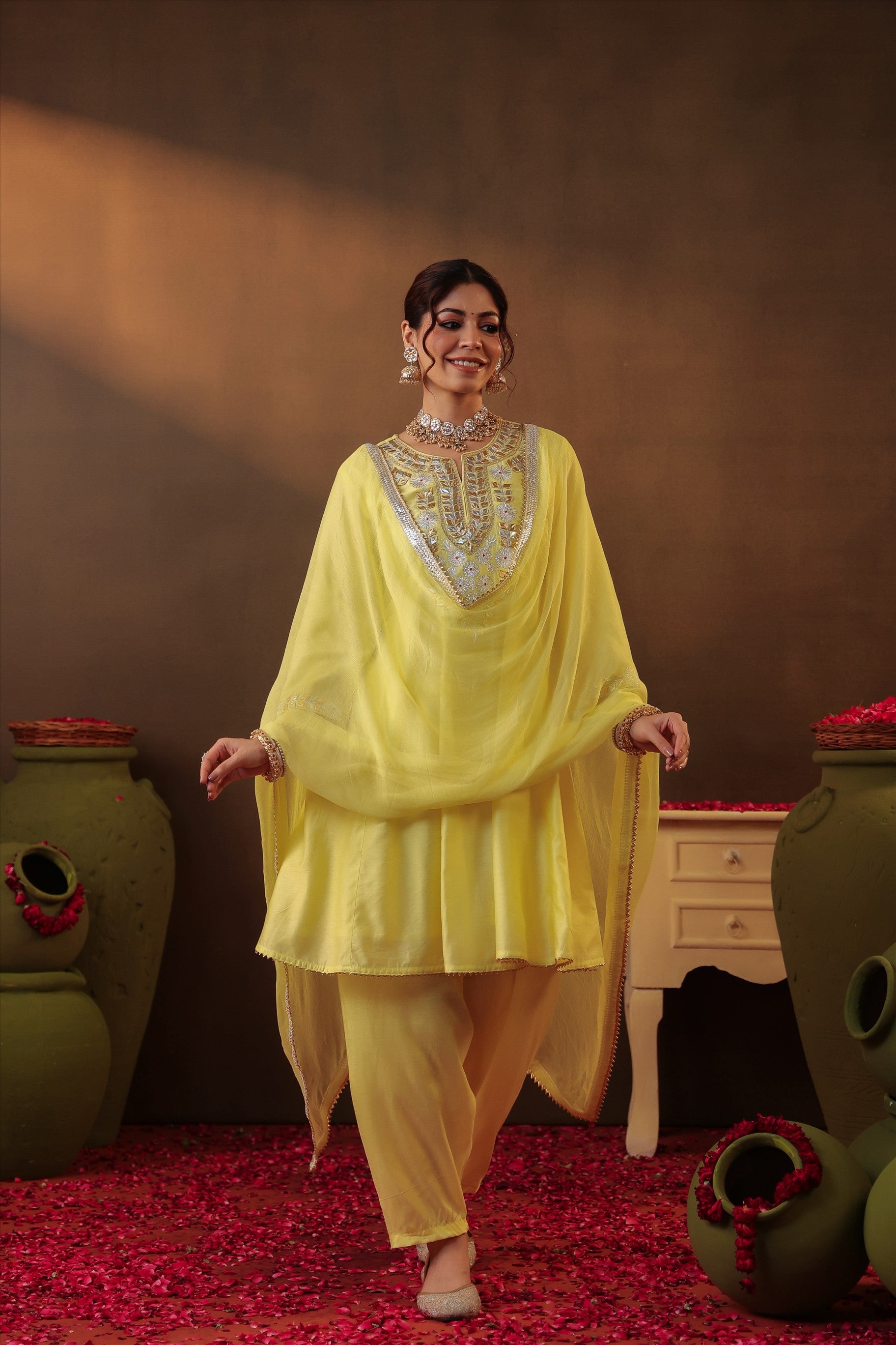 Yellow Chanderi Silk Gota Patti Work Anarkali Suit Set