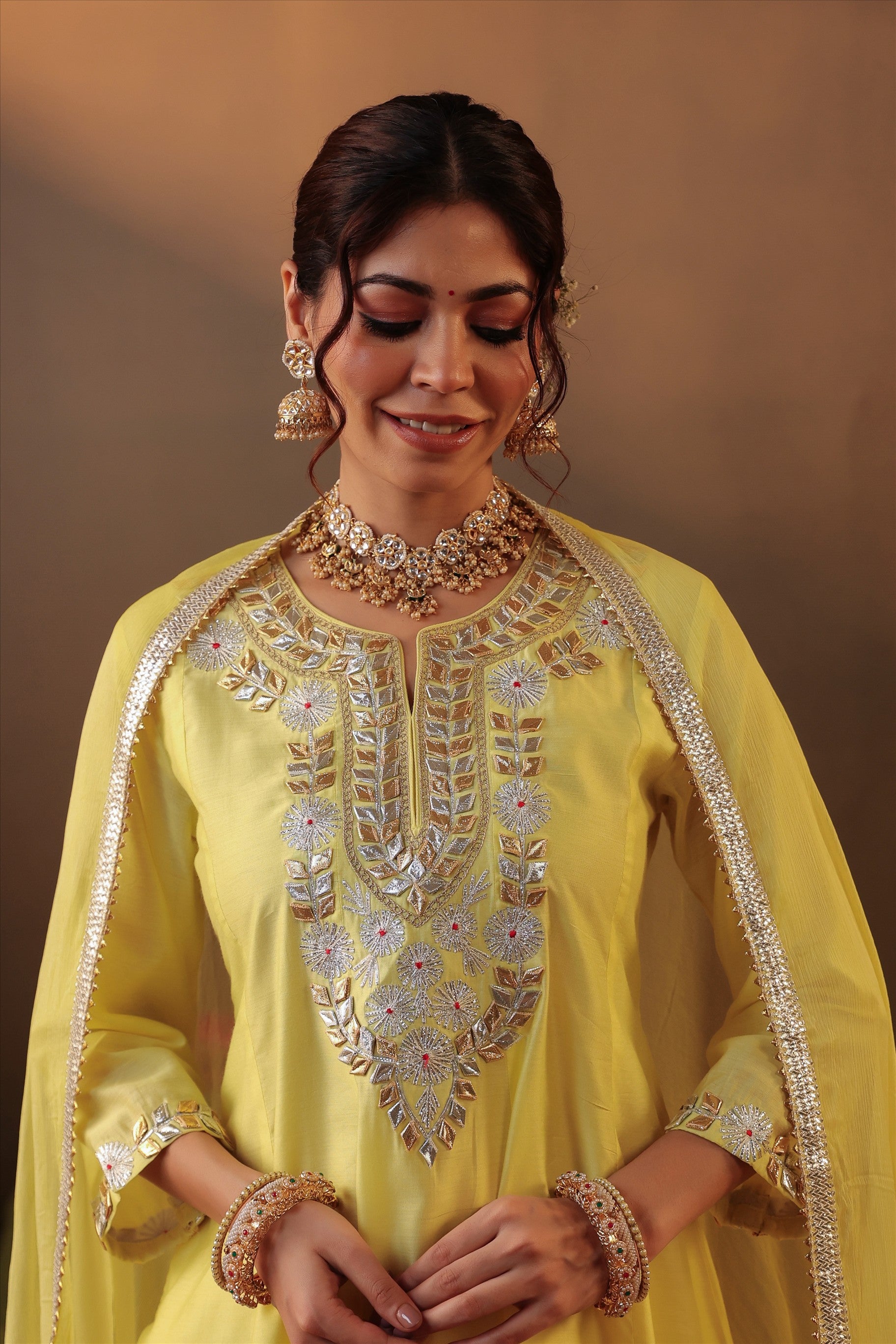 Yellow Chanderi Silk Gota Patti Work Anarkali Suit Set