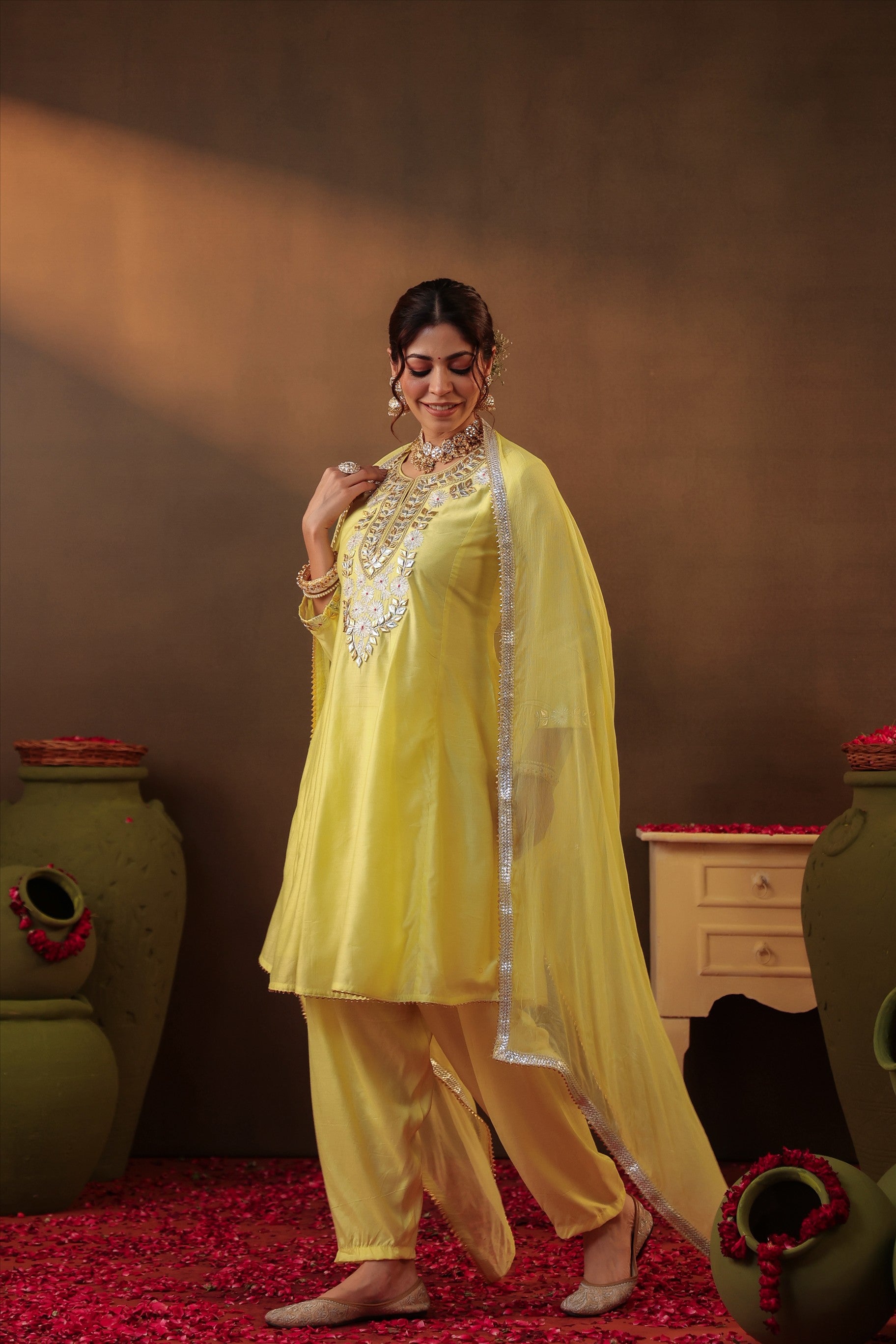 Yellow Chanderi Silk Gota Patti Work Anarkali Suit Set