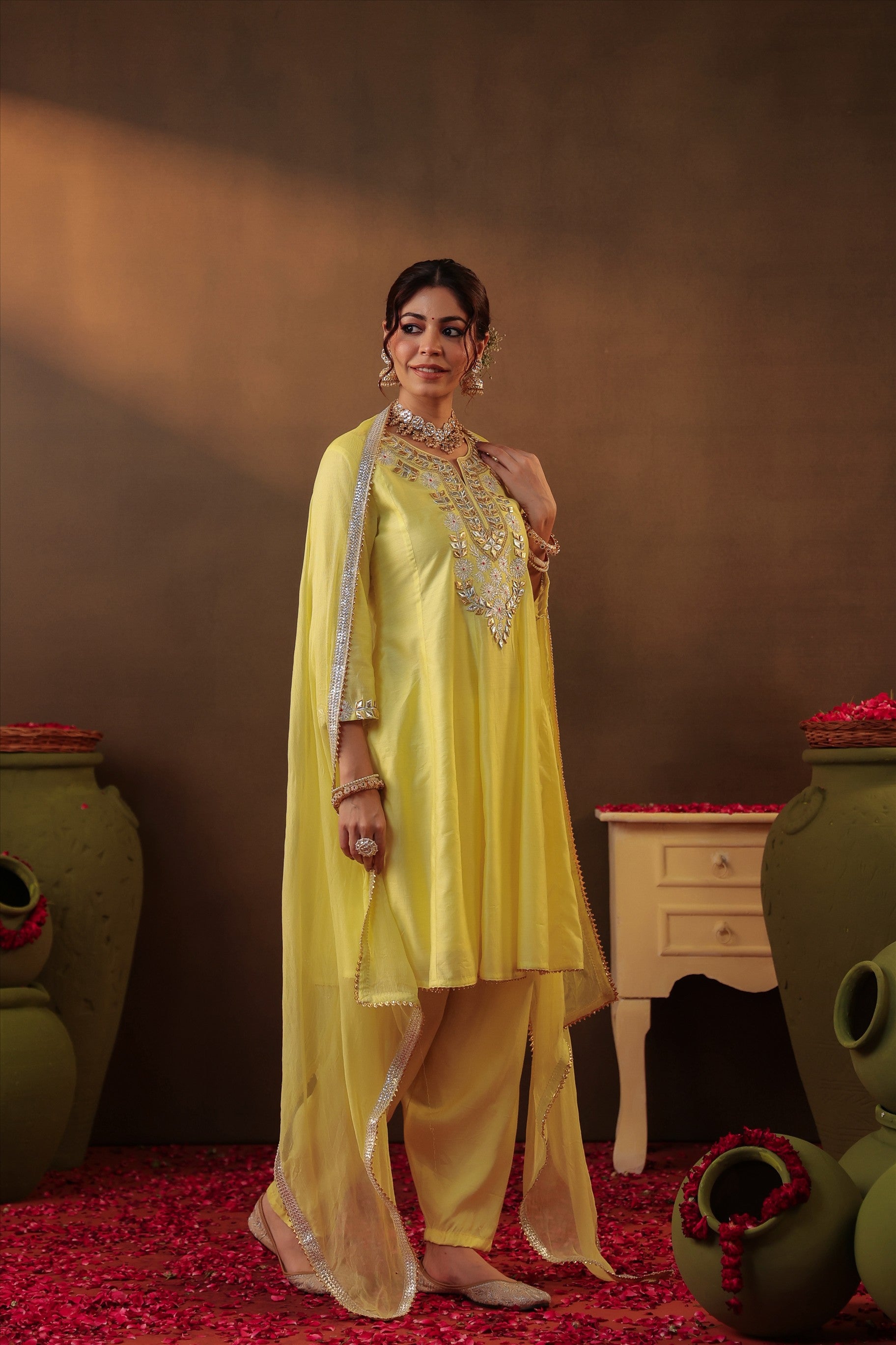 Yellow Chanderi Silk Gota Patti Work Anarkali Suit Set