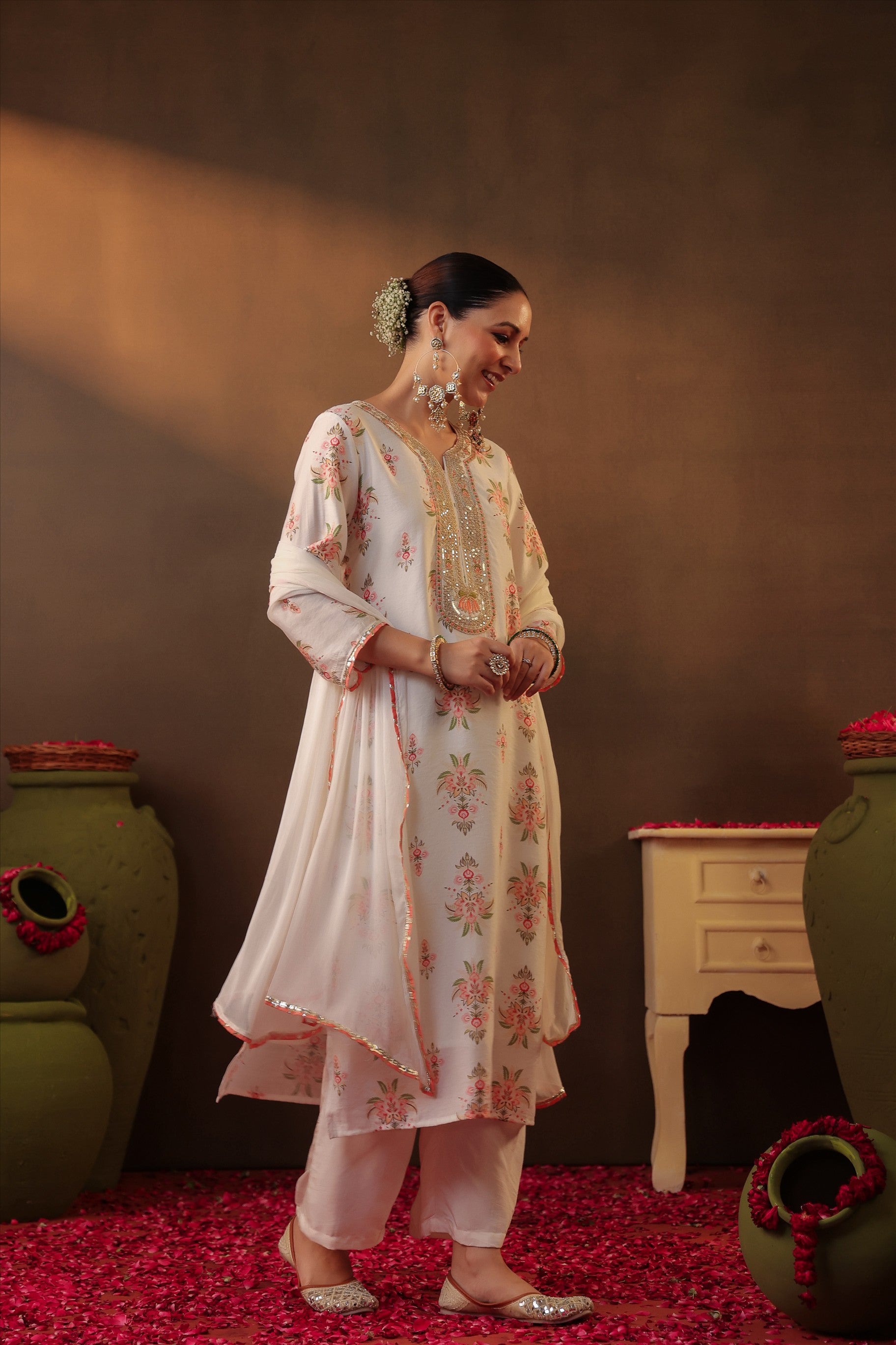 Ivory Floral Chanderi Silk Straight Suit