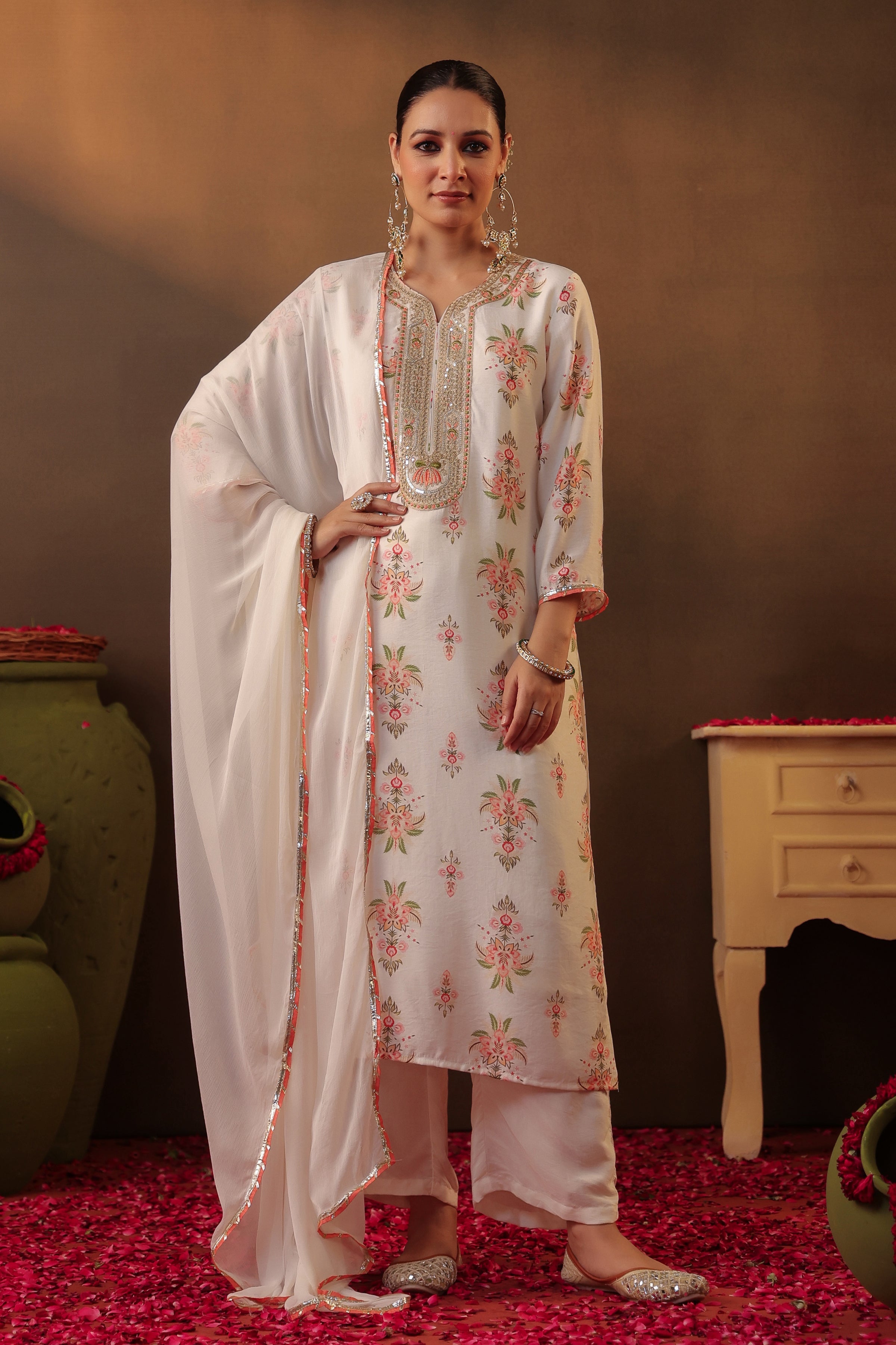 Ivory Floral Chanderi Silk Straight Suit