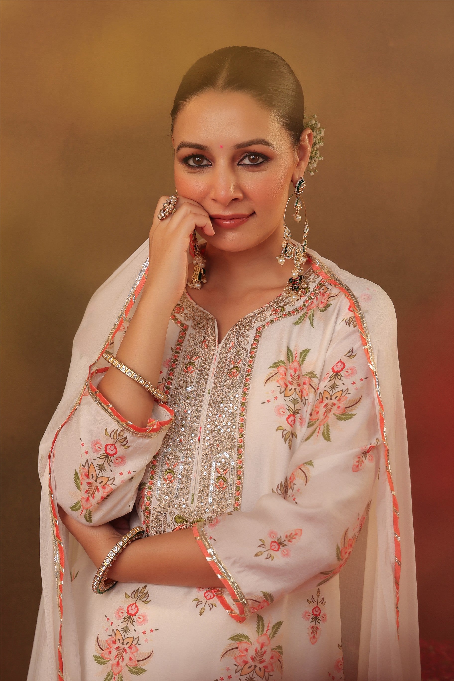 Ivory Floral Chanderi Silk Straight Suit