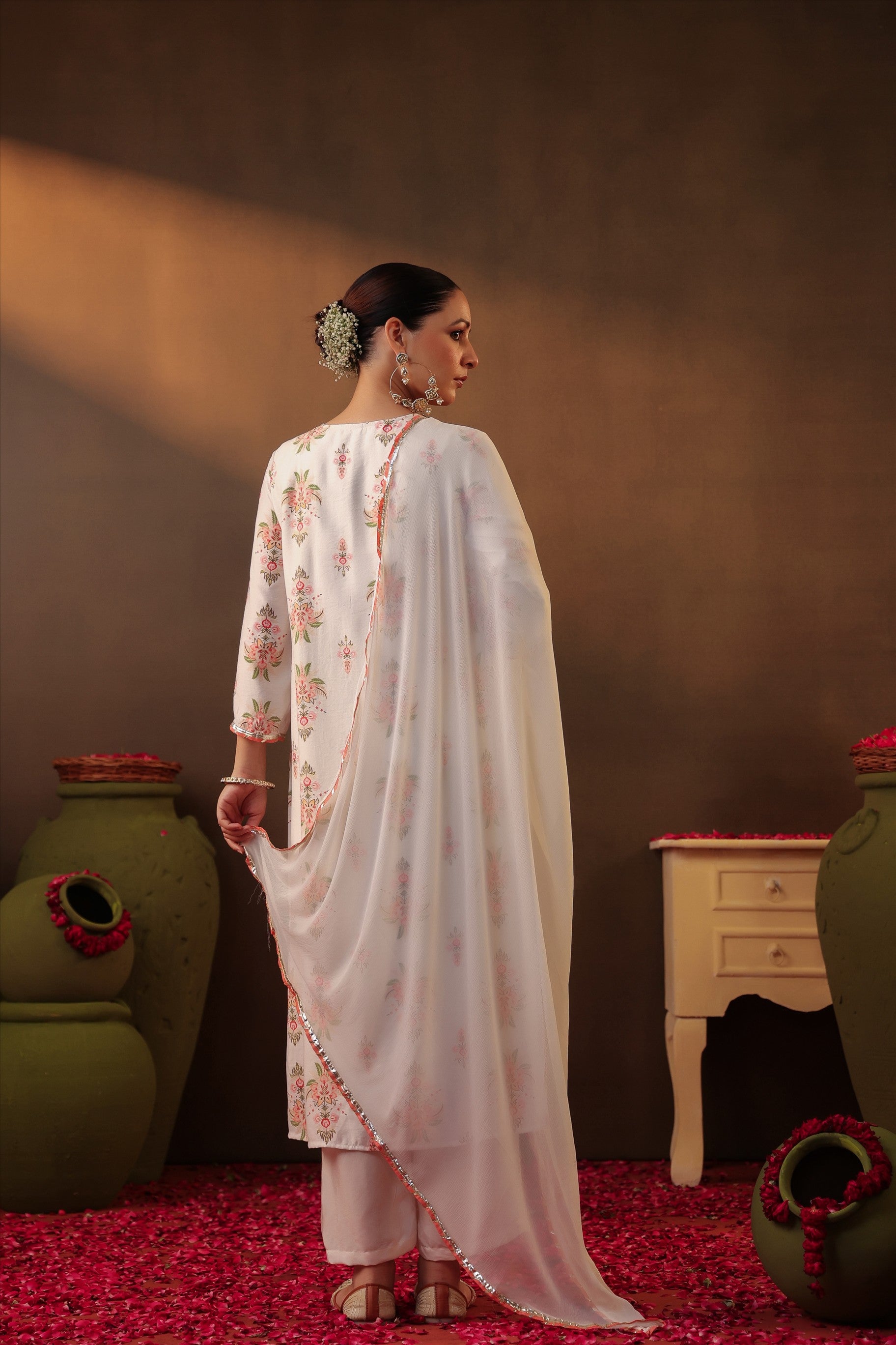 Ivory Floral Chanderi Silk Straight Suit