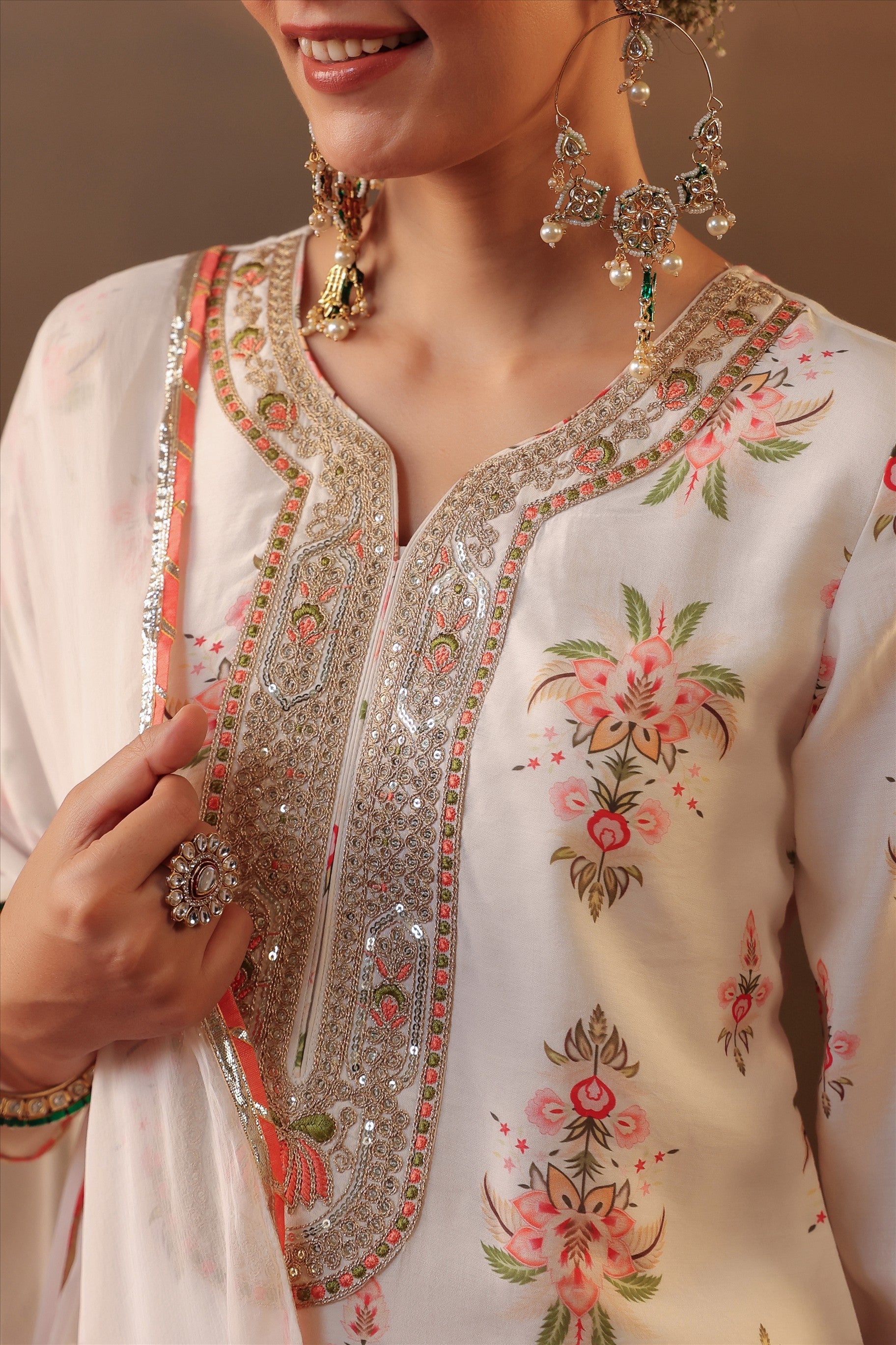 Ivory Floral Chanderi Silk Straight Suit