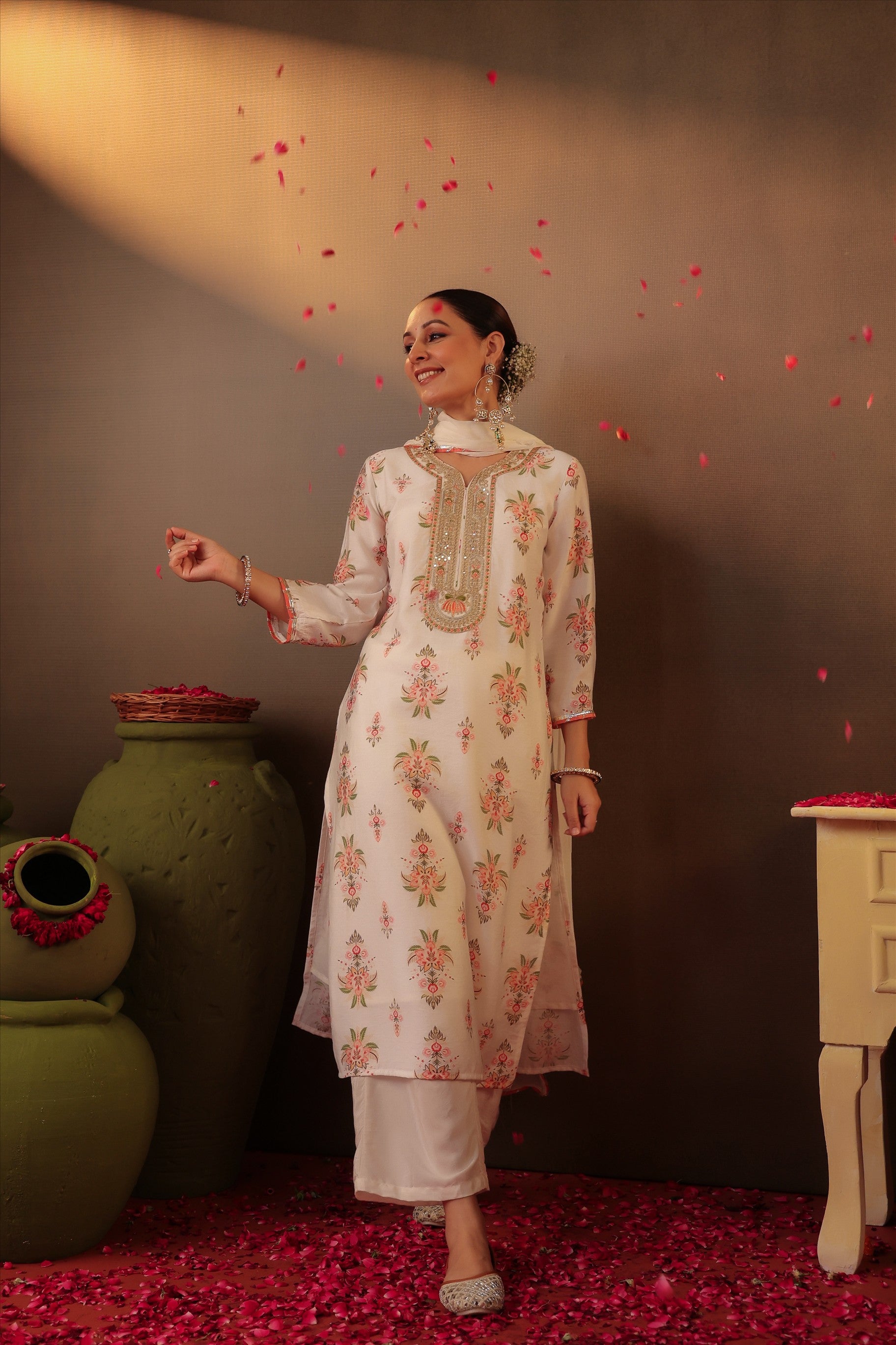 Ivory Floral Chanderi Silk Straight Suit