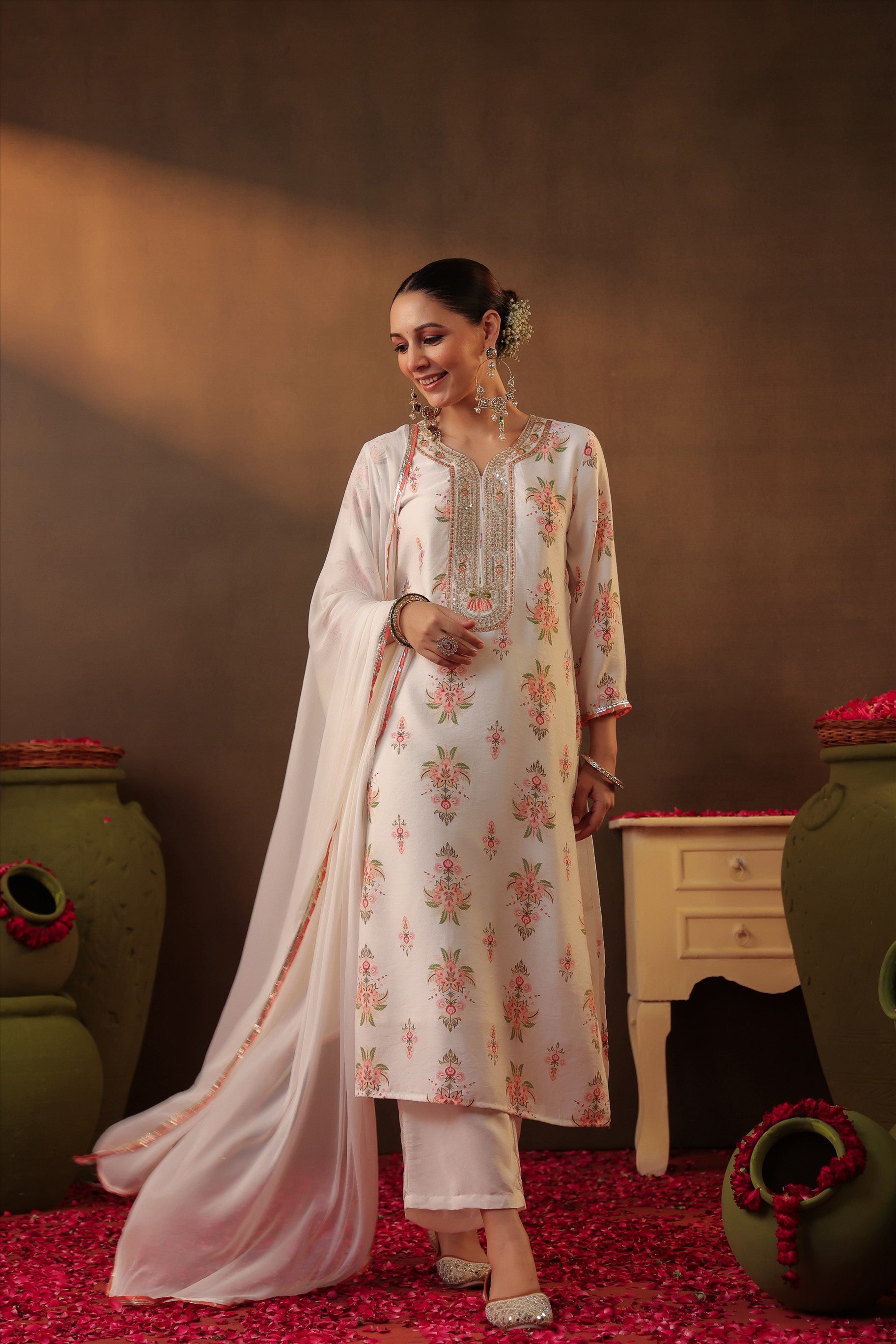 Ivory Floral Chanderi Silk Straight Suit
